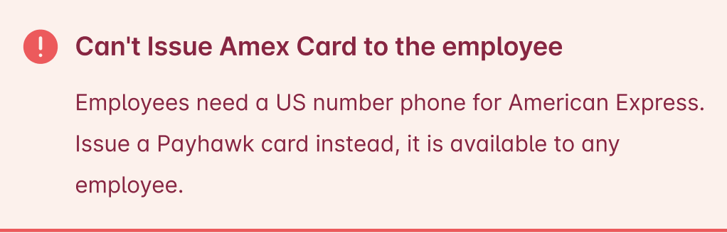 Melding dat de kaart niet kan worden uitgegeven omdat de medewerker een Amerikaans telefoonnummer nodig heeft