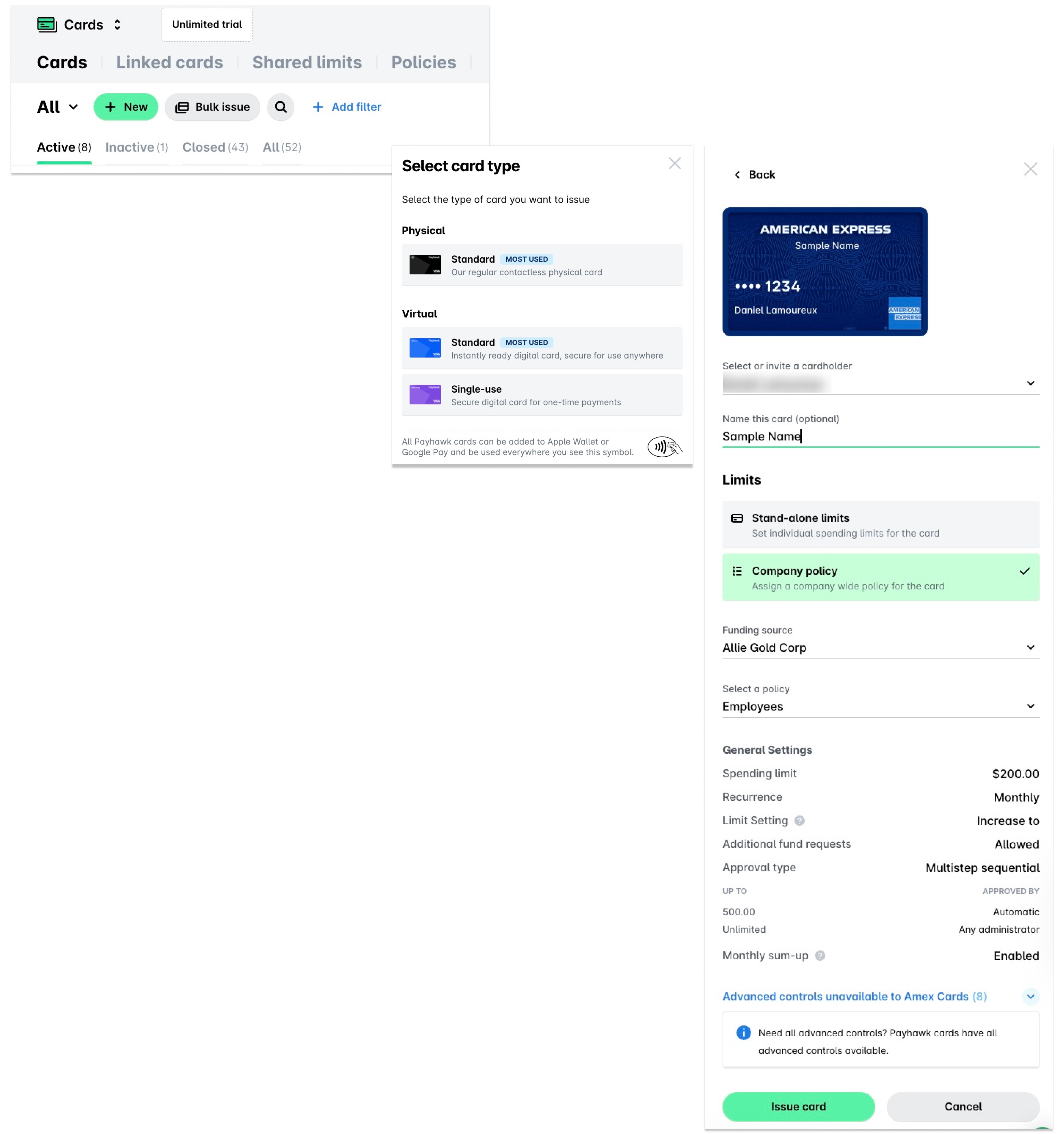 Een virtuele American Express-kaart uitgeven: de knop Nieuw in Kaarten, het dialoogvenster voor het kaarttype met Virtueel > Standaard, en de kaartgegevens met Limieten, Financieringsbron en Kaart uitgeven
