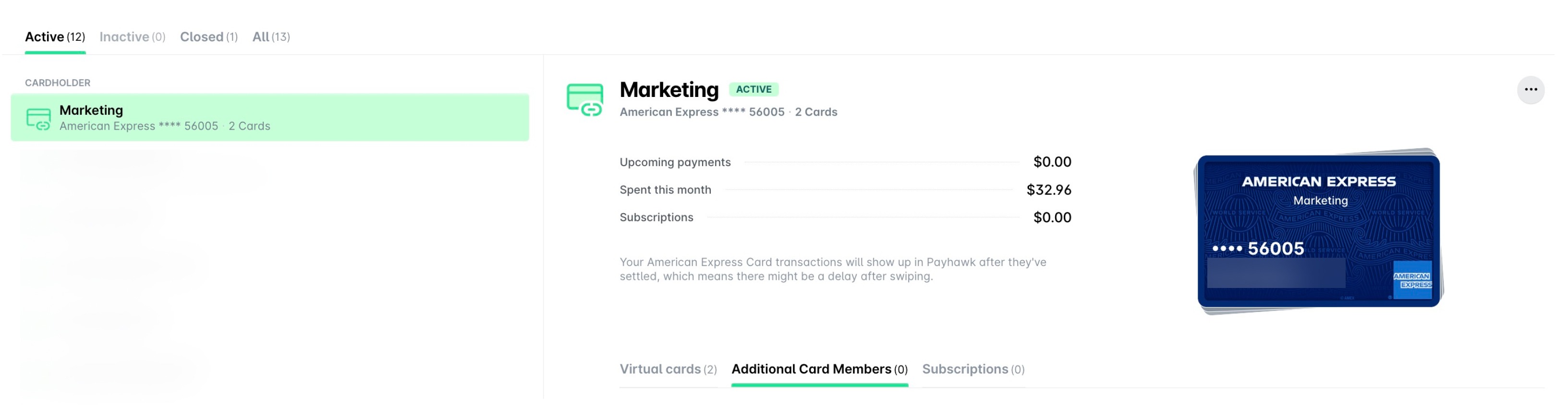 A linked American Express Main Card in Linked cards, with the Virtual cards, Additional Card Members, and Subscriptions tabs.