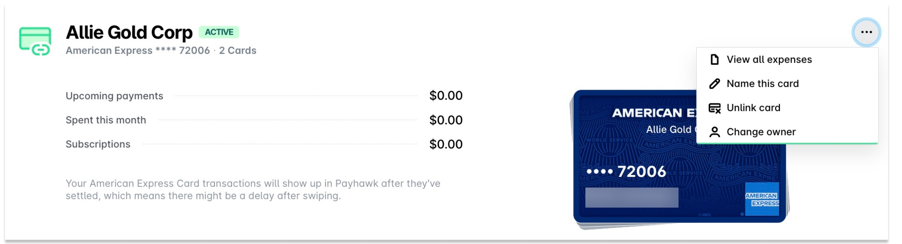 The three-dot menu of a linked American Express Main Card with View all expenses, Name this card, Unlink card, and Change owner.
