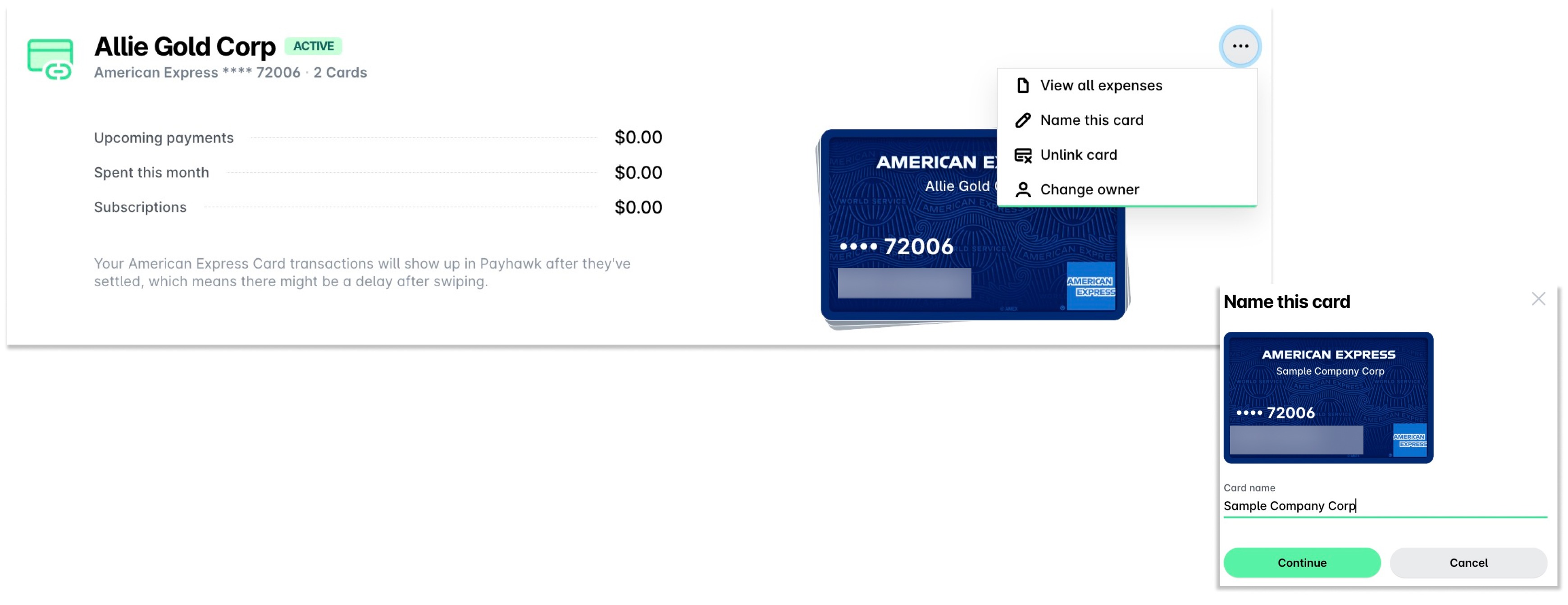The Name this card panel of a linked Main Card, with the card name field and the Continue button.