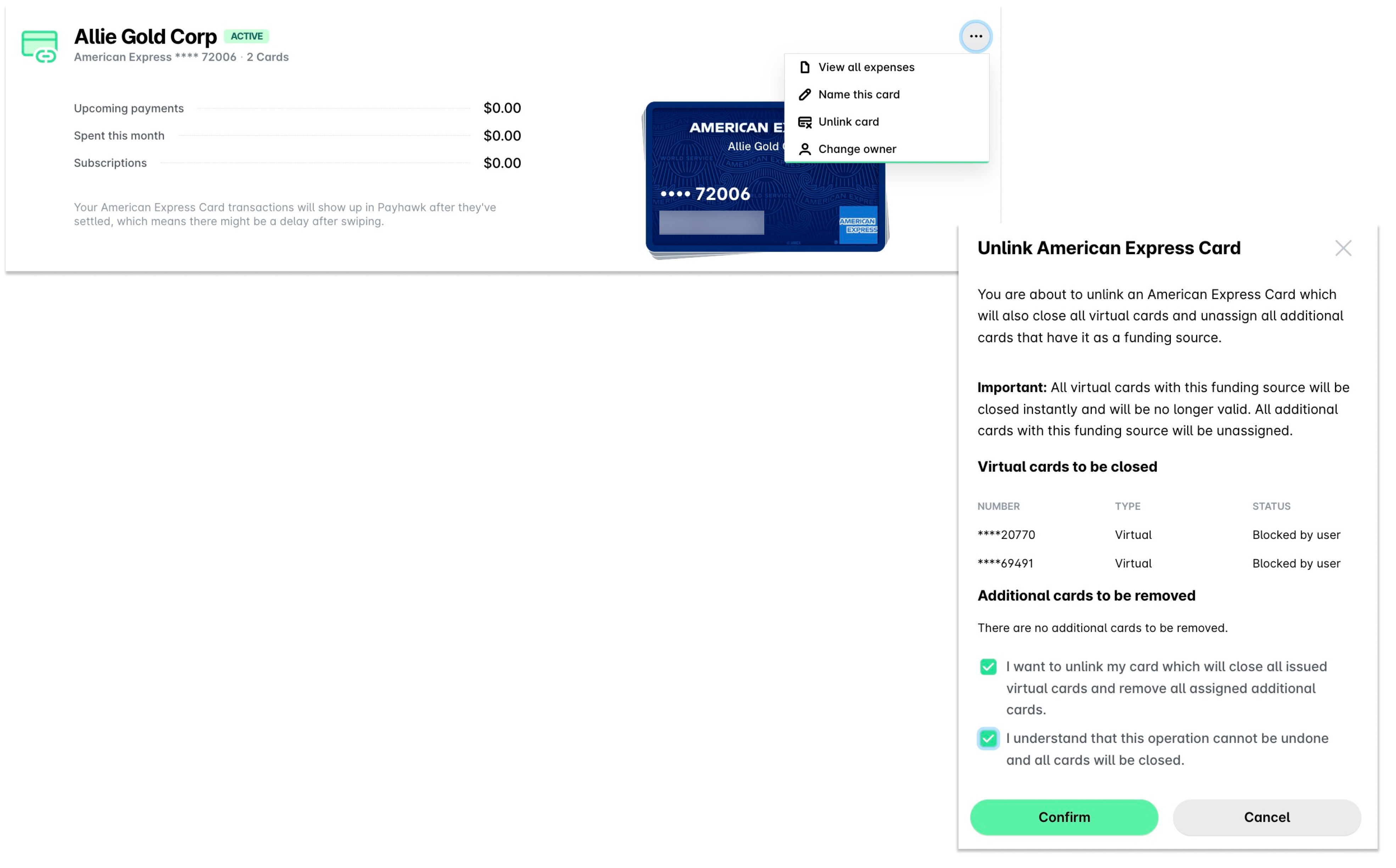 The Unlink American Express Card panel listing the virtual cards to be closed, with the two confirmation checkboxes and the Confirm button.