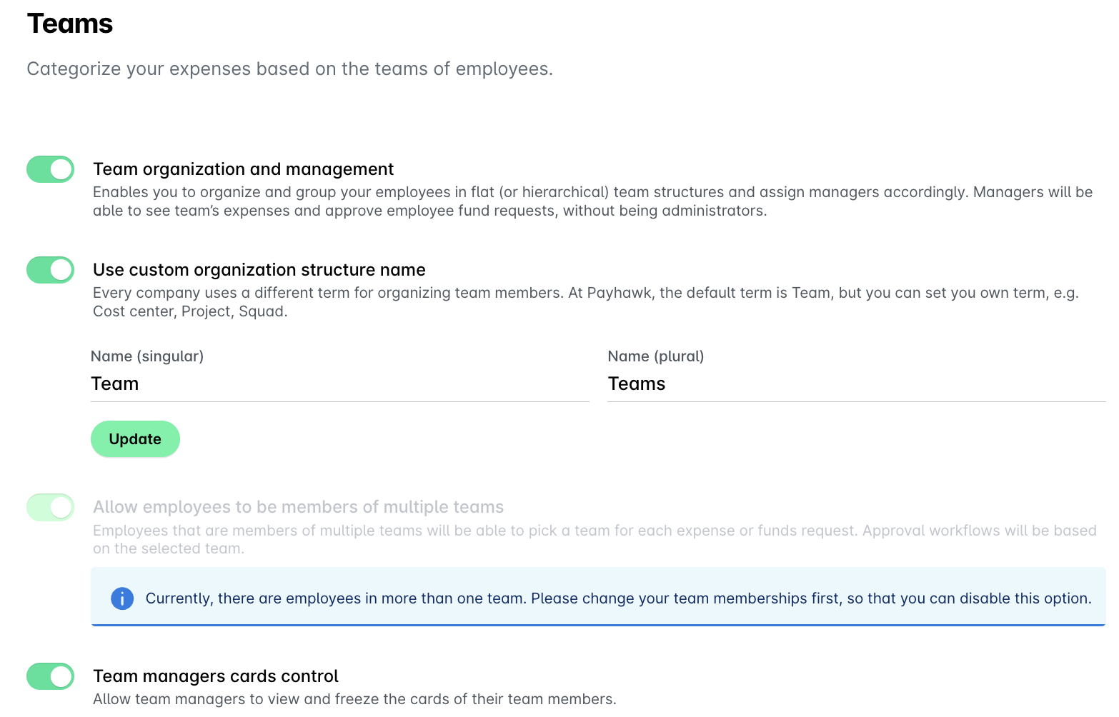 Team settings in Settings > Teams.