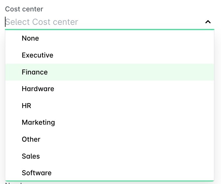 A list field with the Select Cost center drop-down showing its values.