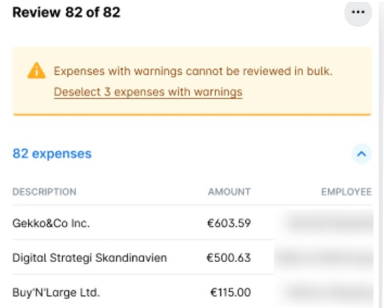 A warning that expenses with warnings cannot be reviewed in bulk, with a link to deselect them.