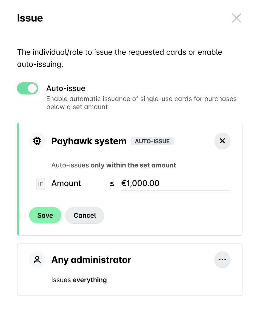 The Issue panel of a card workflow with Auto-issue switched on for the Payhawk system up to a set amount, and Any administrator issuing everything.