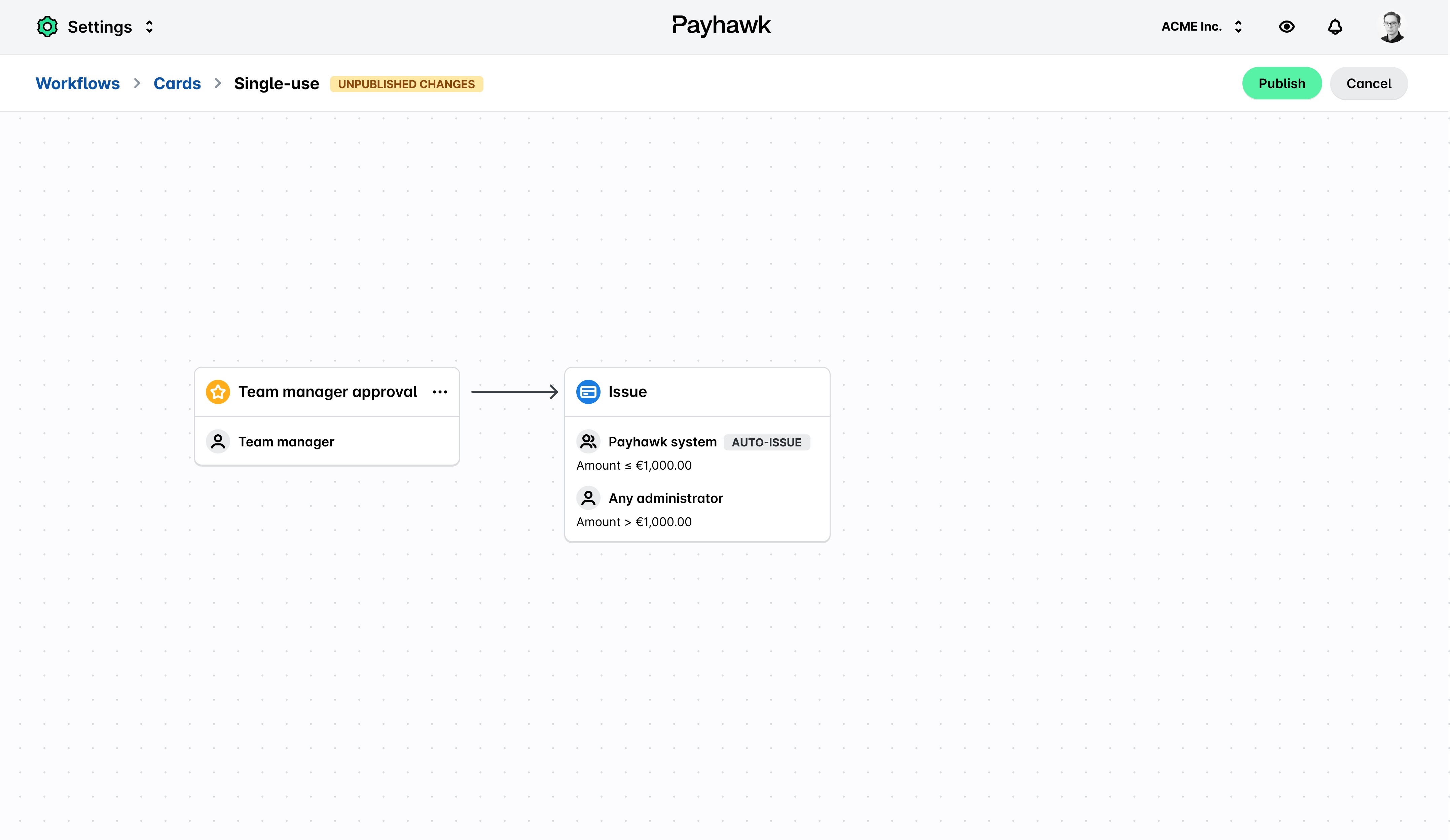 Single-use card workflow with a Team manager approval step and an Issue step with auto-issue up to a set amount.