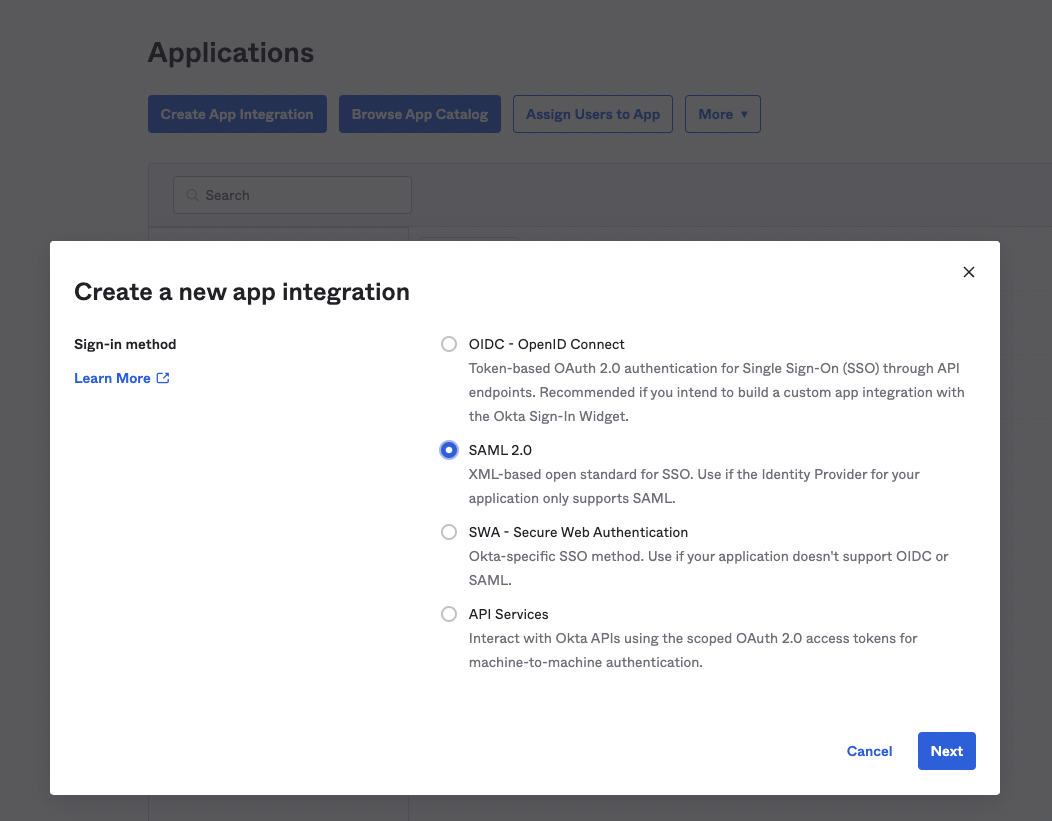 The Create a new app integration dialog in Okta Identity Engine with the SAML 2.0 option checked.