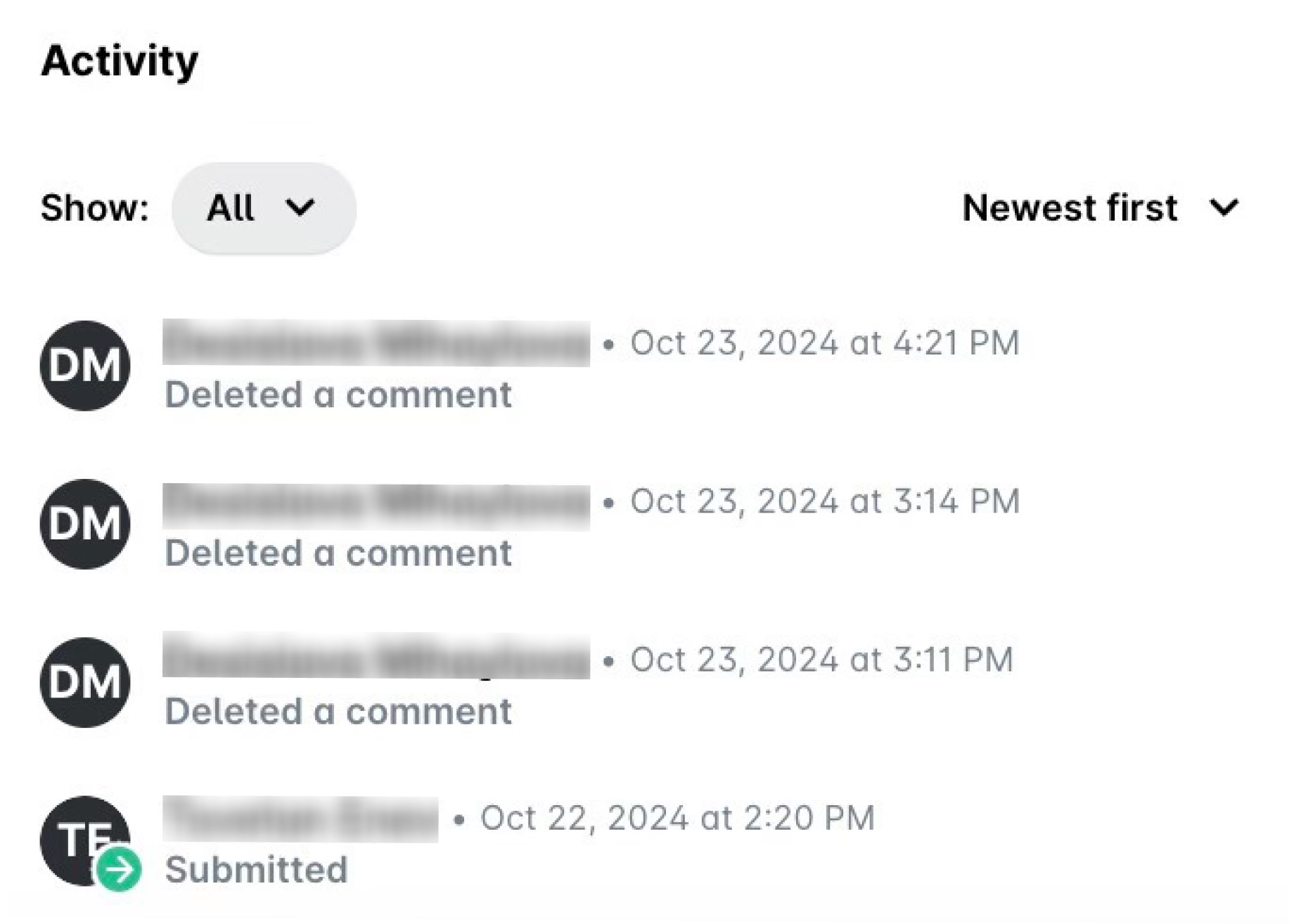 Activity section of a request with Show: All, listing deleted comments and the submission.