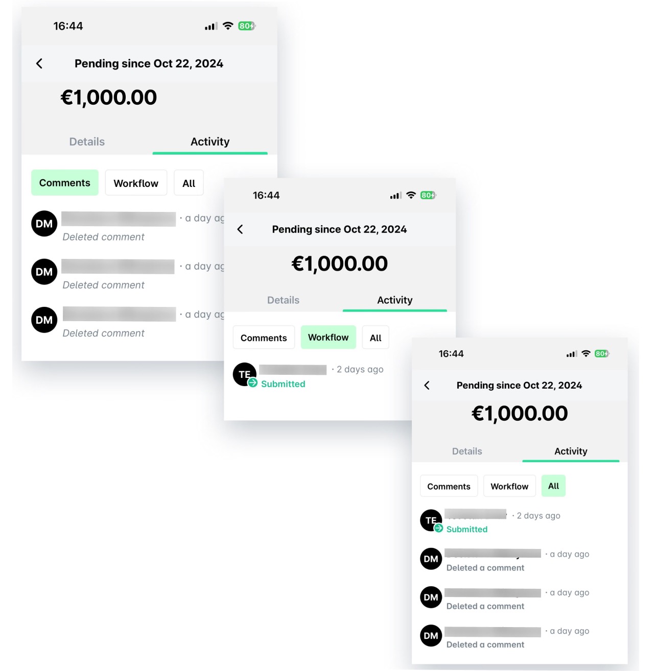 The Activity tab of a request in the Payhawk Mobile App with the Comments, Workflow, and All views.