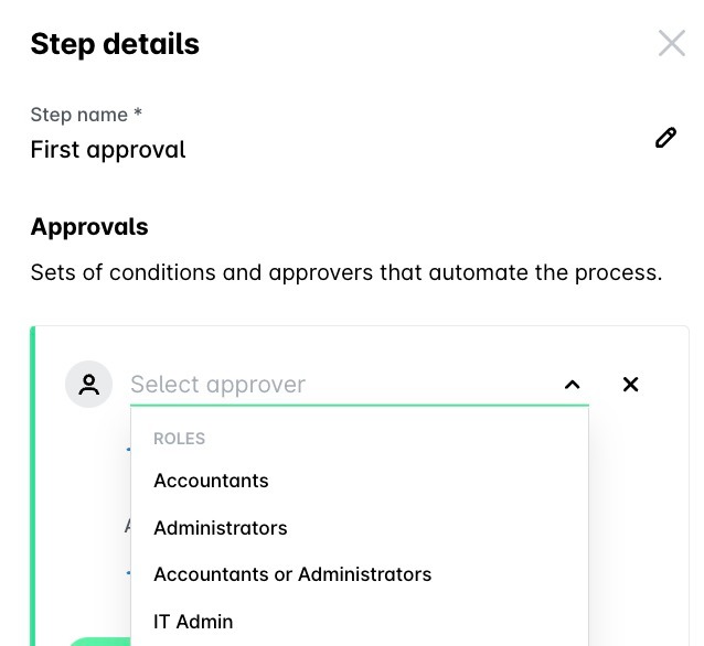 Step details panel with the Select approver drop-down listing the available roles.