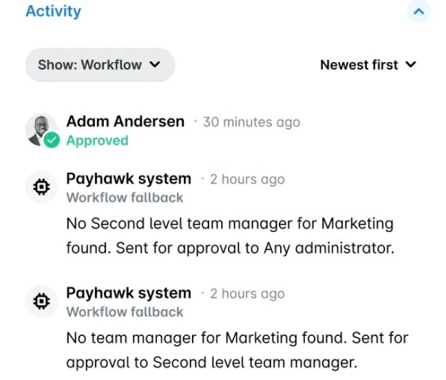 Activity section with Show: Workflow, listing two workflow fallbacks by the Payhawk system and the final approval.