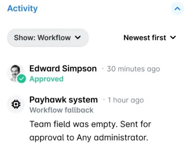 Activity section with a workflow fallback because the Team field was empty, sending the expense to any administrator.