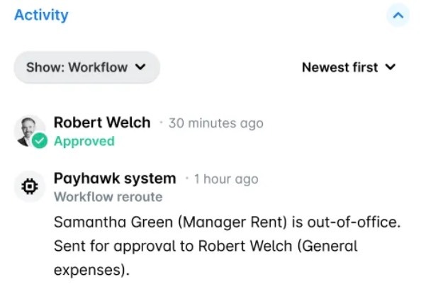Activity section with a workflow reroute because the approver is out of office, sending the expense to another approver.