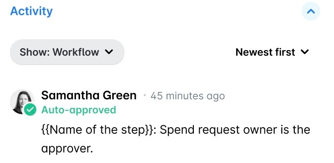 Activity section showing an expense auto-approved because the spend request owner is the approver.