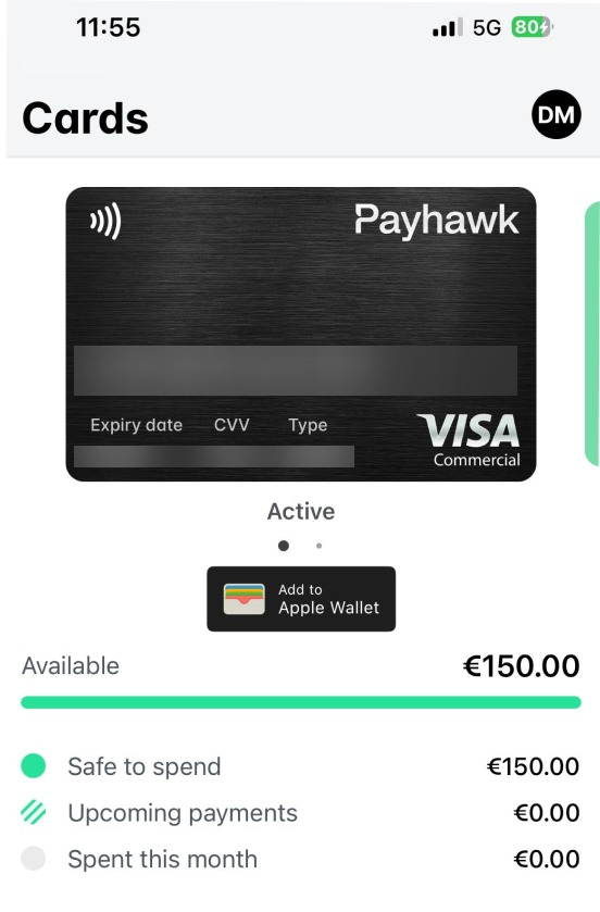 Cards screen of the Payhawk Mobile App with the Add to Apple Wallet button.