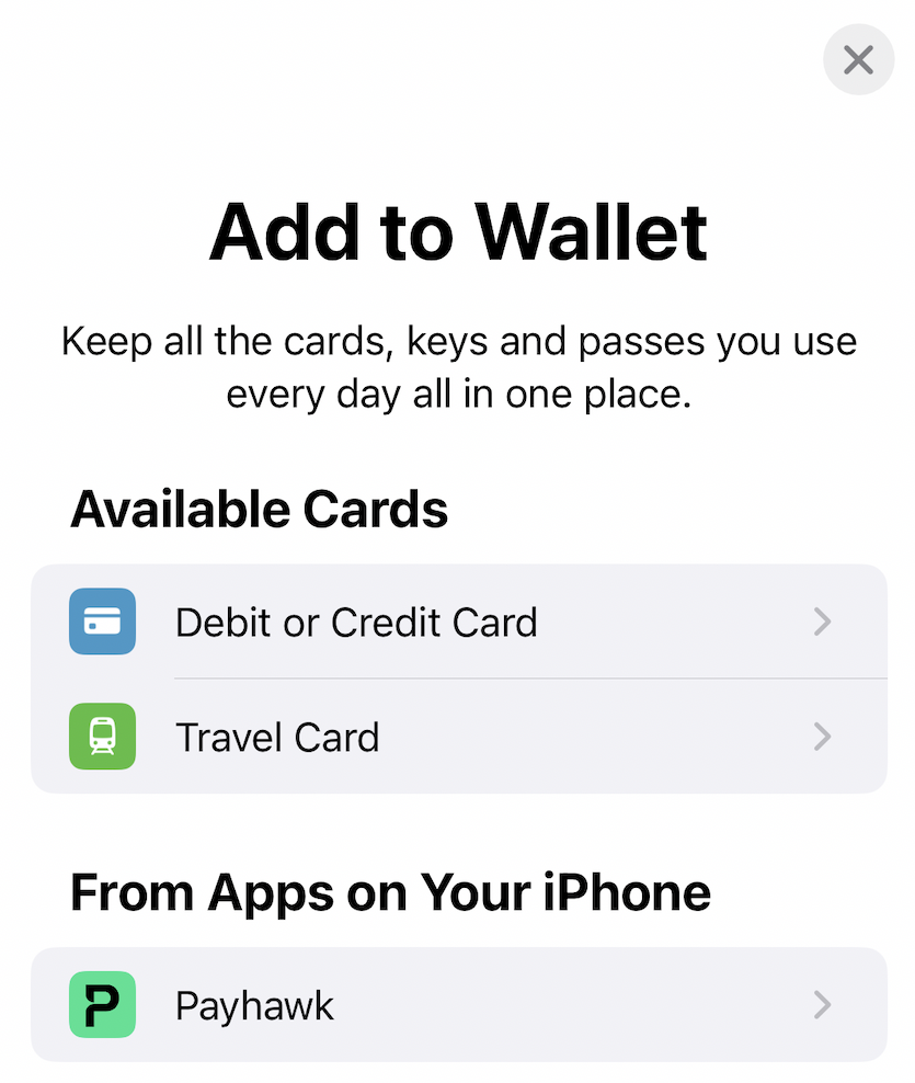 Add to Wallet screen in Apple Wallet with Payhawk under From Apps on Your iPhone.