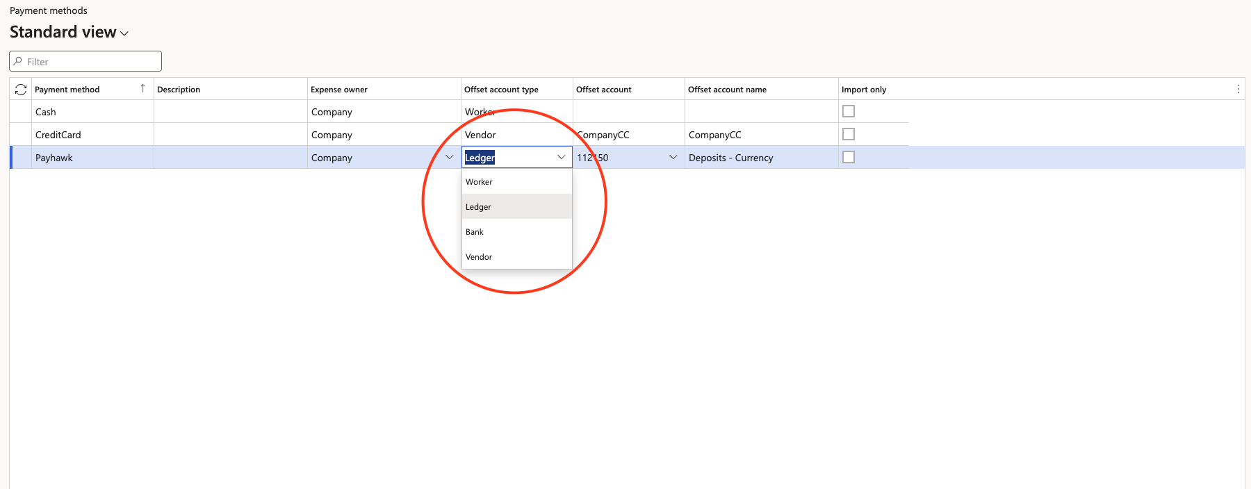 Dropdown menu showing account types for the Payhawk payment method selection.