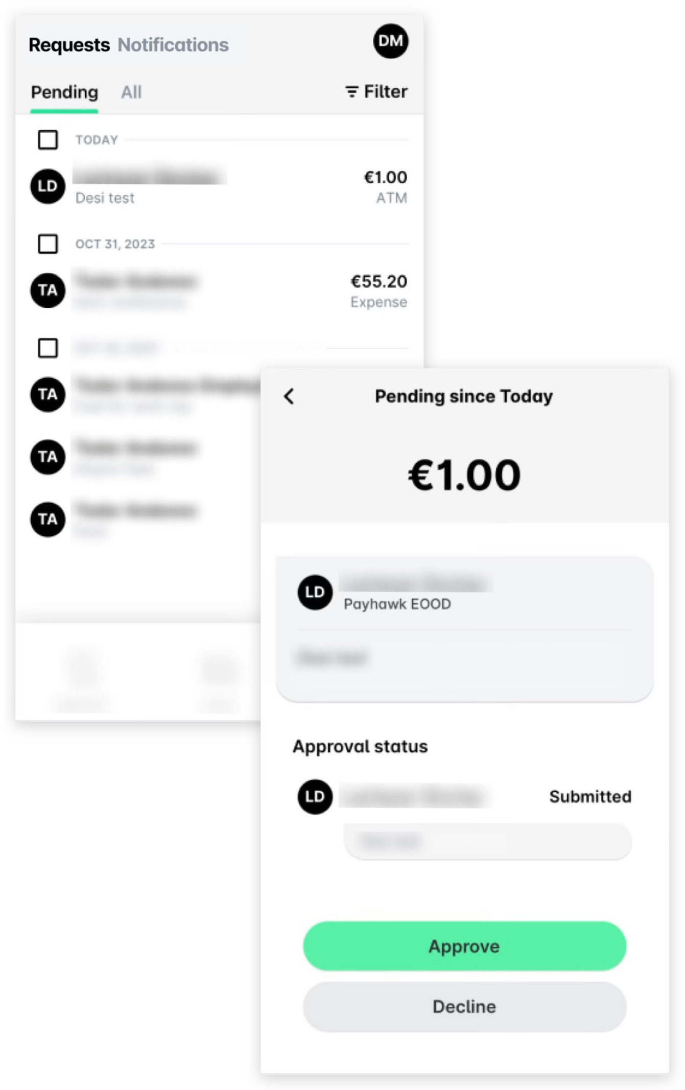 Pending requests overview with approval options for various transactions displayed.