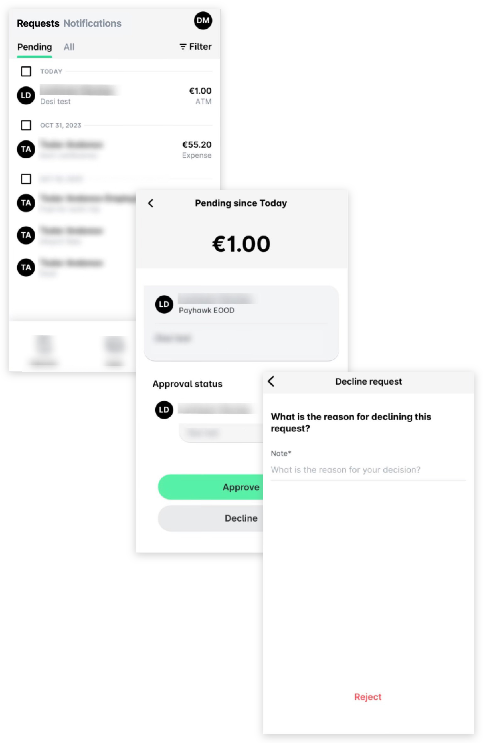 Pending requests overview with options to approve or decline transactions.