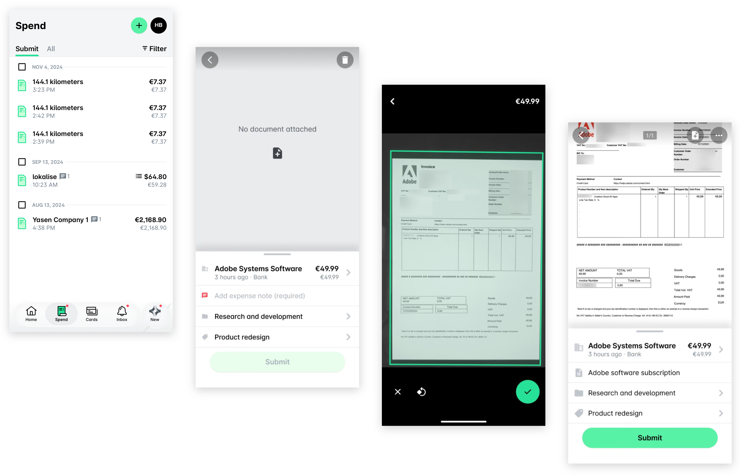 Four mobile app screens in order: the Submit tab in Spend, a card expense with no document attached, the camera scanning the invoice, and the expense with the invoice attached and the Submit button active.