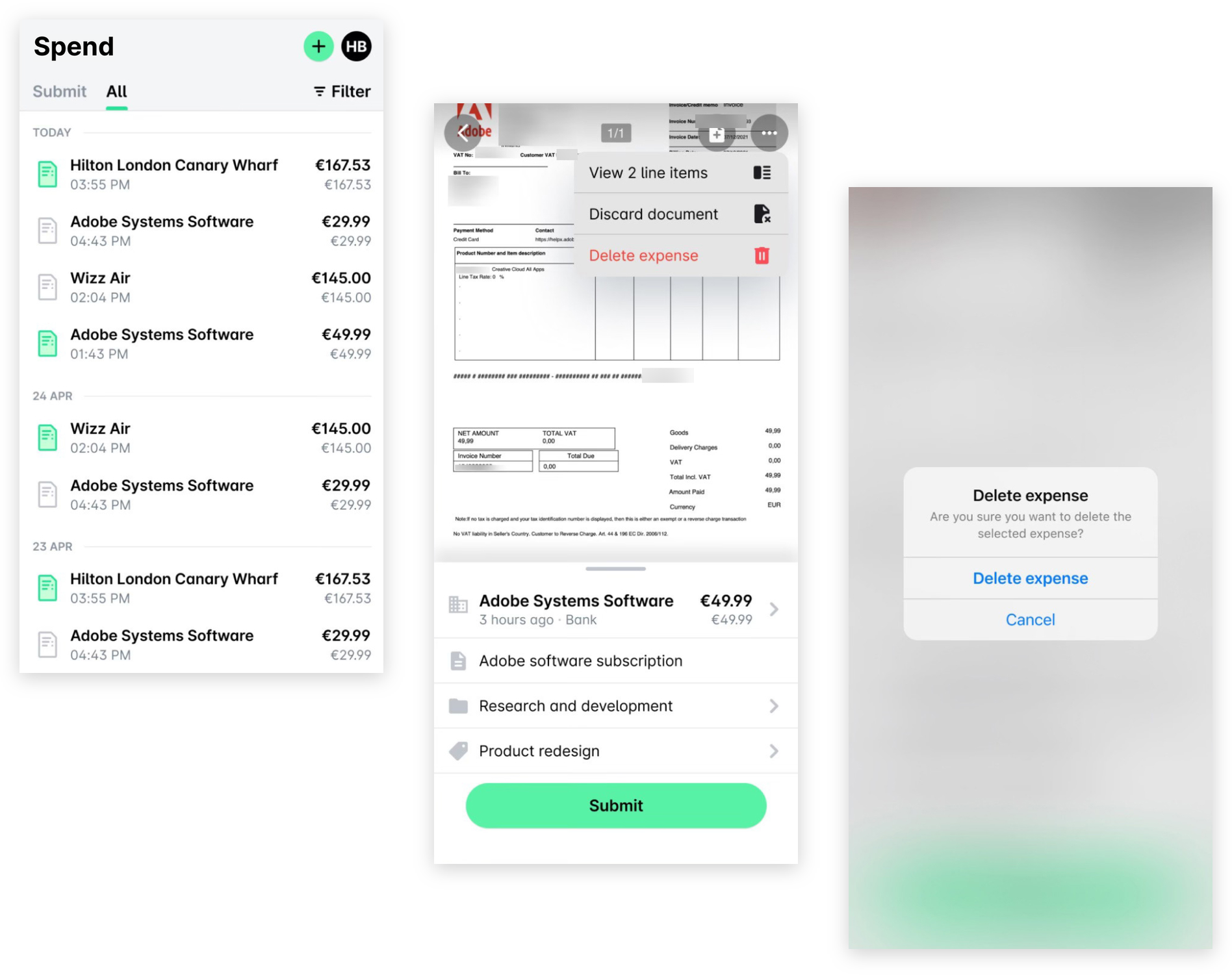 Spend list in the Payhawk Mobile App, an expense with its three-dot menu open on Delete expense, and the Delete expense confirmation.