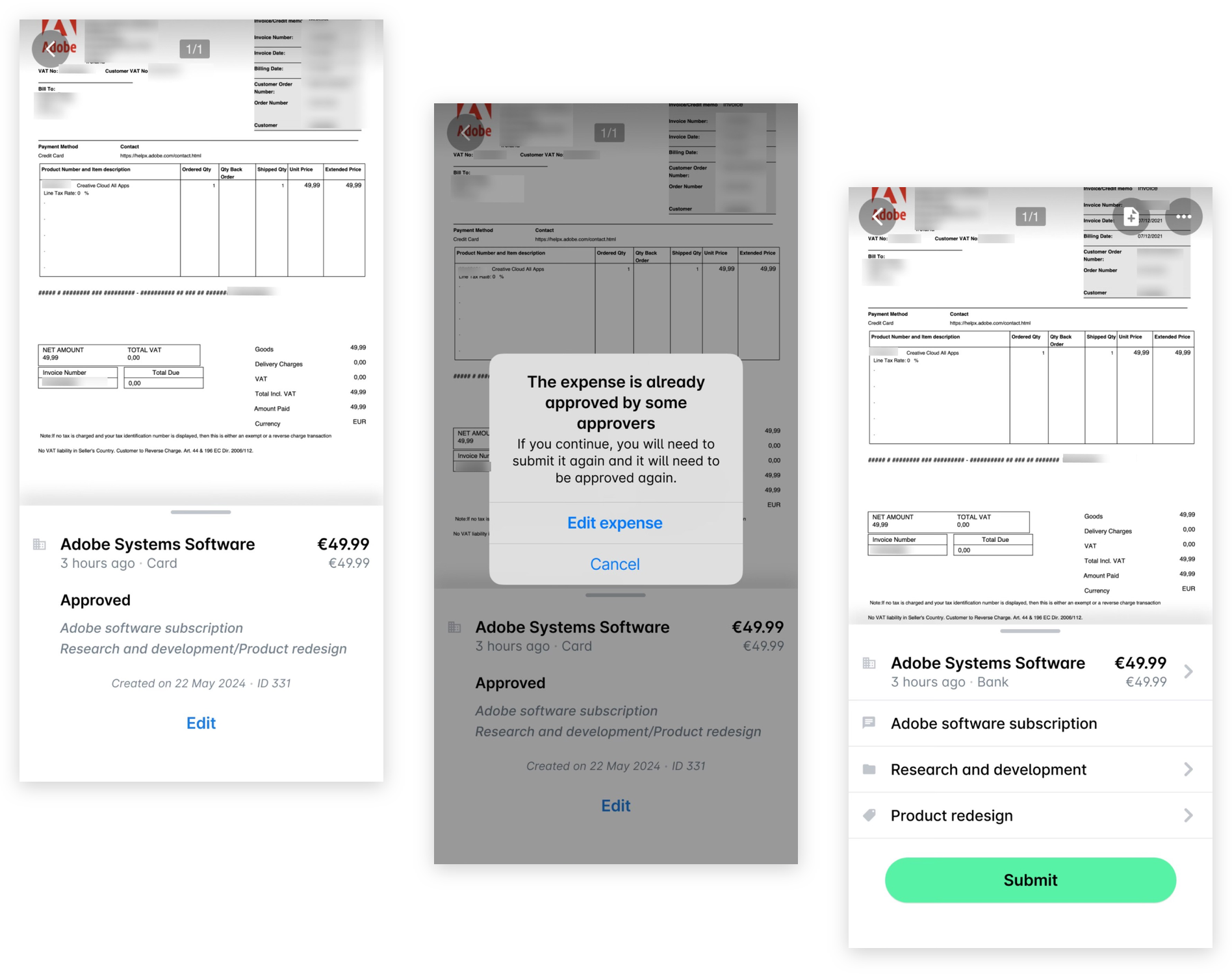 An approved expense with Edit, the confirmation that the expense is already approved by some approvers with Edit expense, and the expense details with Submit.