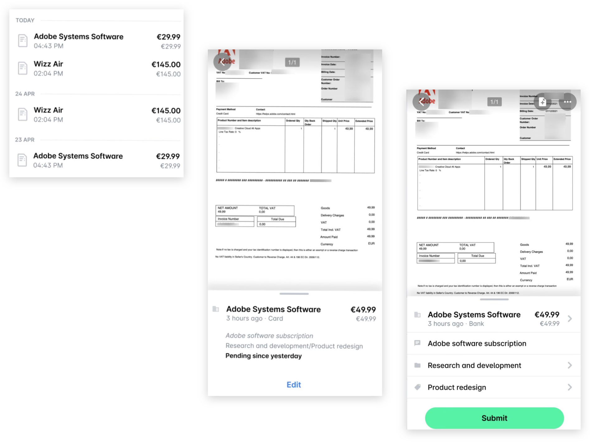 Spend list in the Payhawk Mobile App, a pending expense with Edit, and the expense details with Submit.