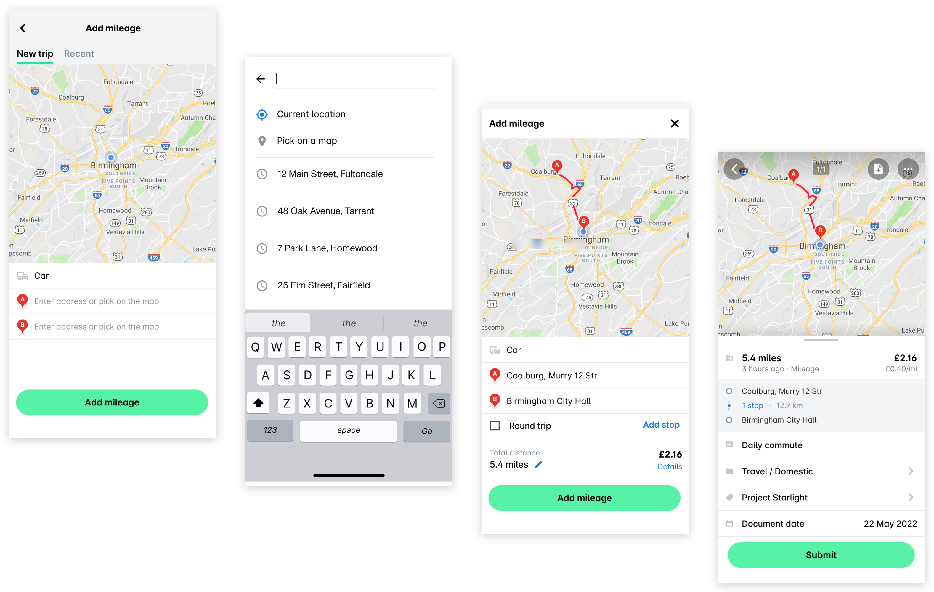 Four mobile app screens in order: the Add mileage form, the address search with recent addresses, the mileage form with a route and the Add mileage button, and the mileage expense details with the Submit button.