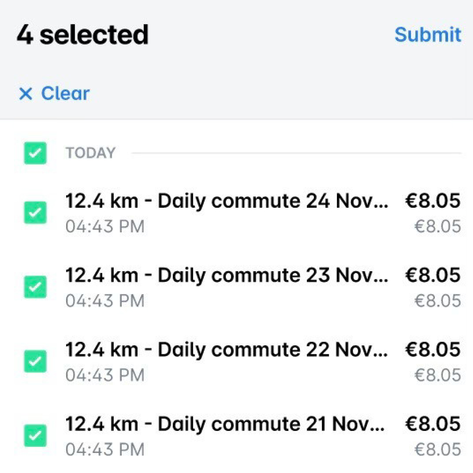 Spend screen in the mobile app with four Daily commute mileage expenses selected and the Submit button.