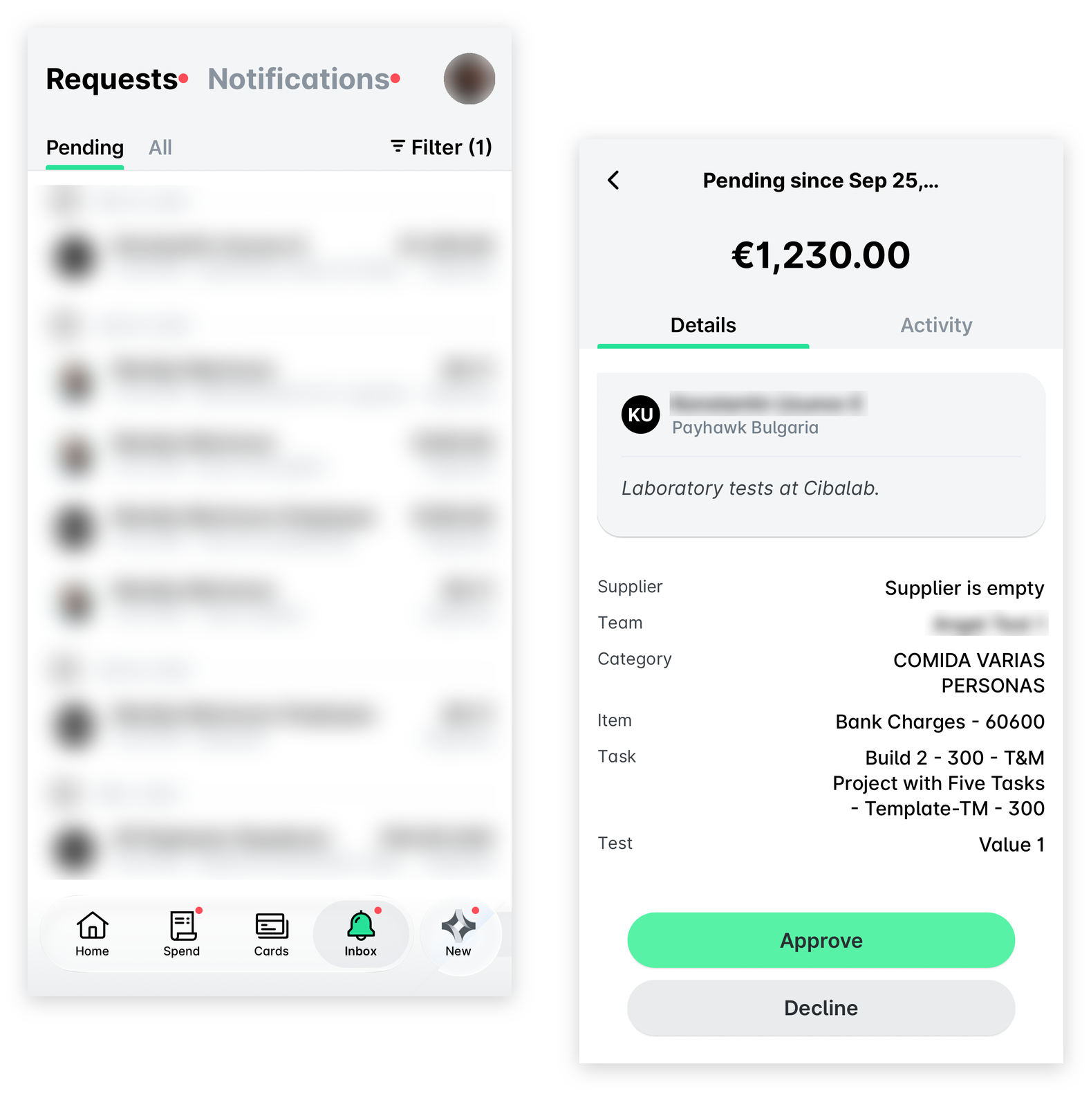 Mobile app Inbox with the pending requests list, and an open expense request with the Approve and Decline buttons.