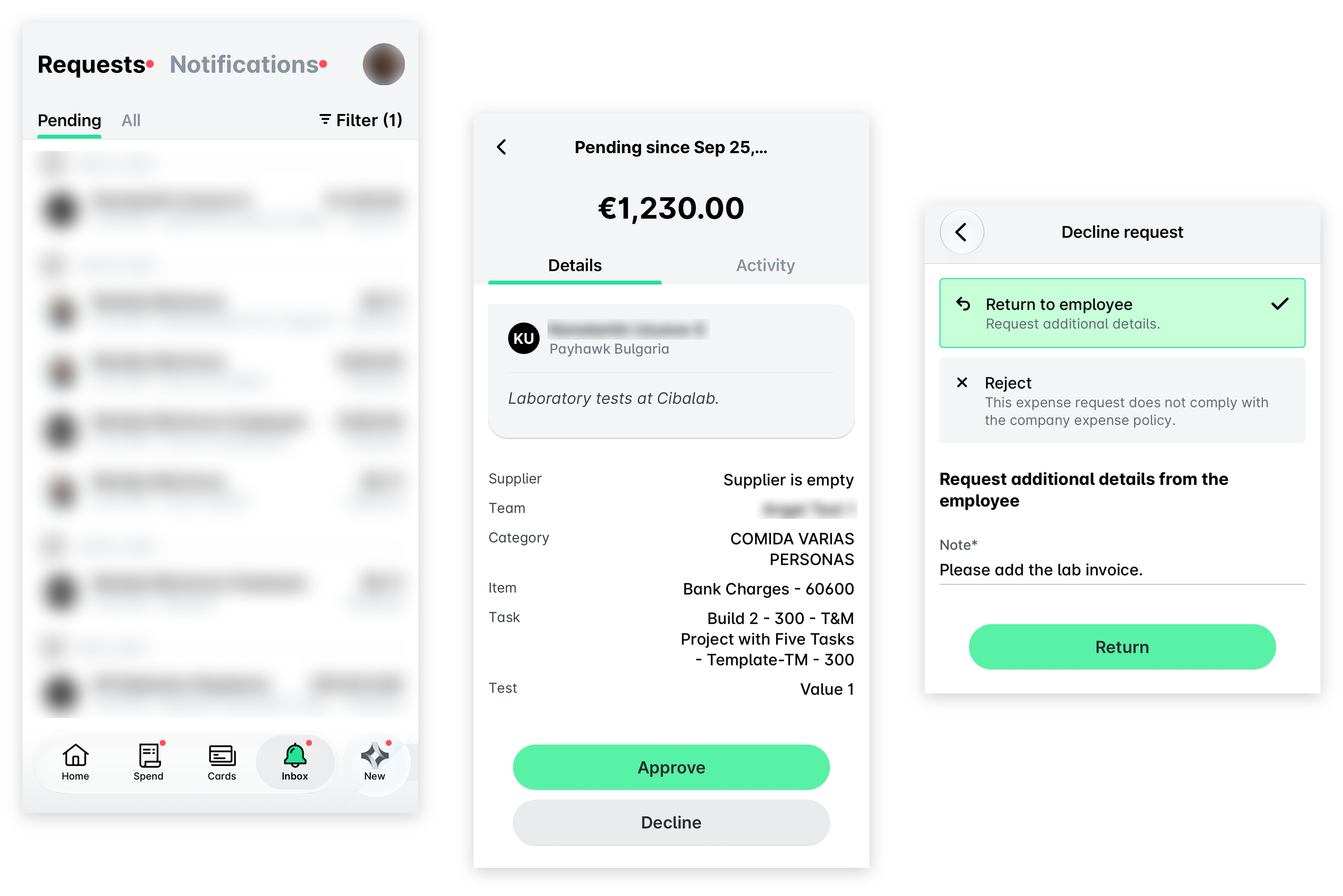 Mobile app Inbox with pending requests, an open expense request, and the Decline request screen with Return to employee selected, a note and the Return button.