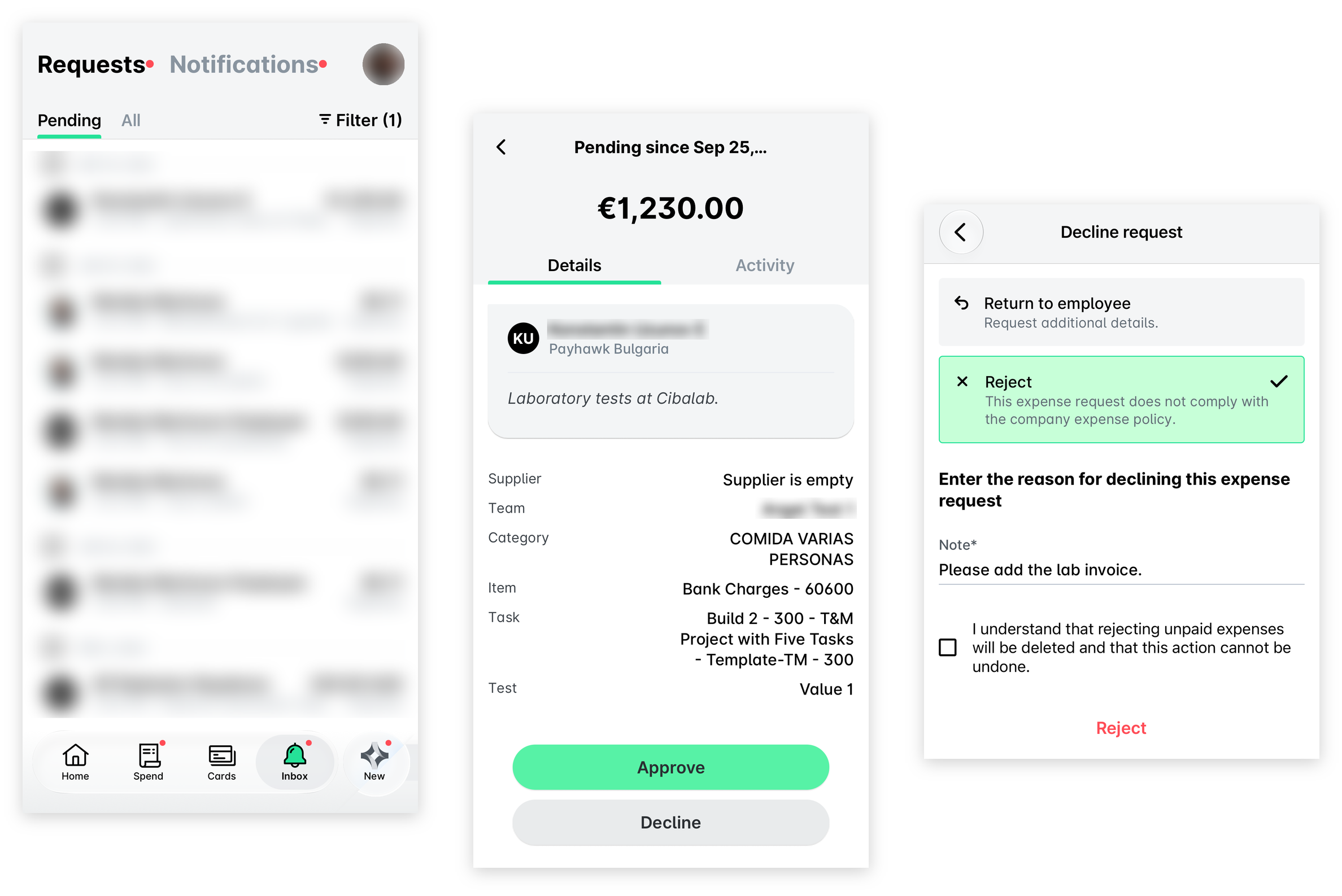Mobile app Inbox with pending requests, an open expense request, and the Decline request screen with Reject selected, a note, the confirmation checkbox and the Reject button.