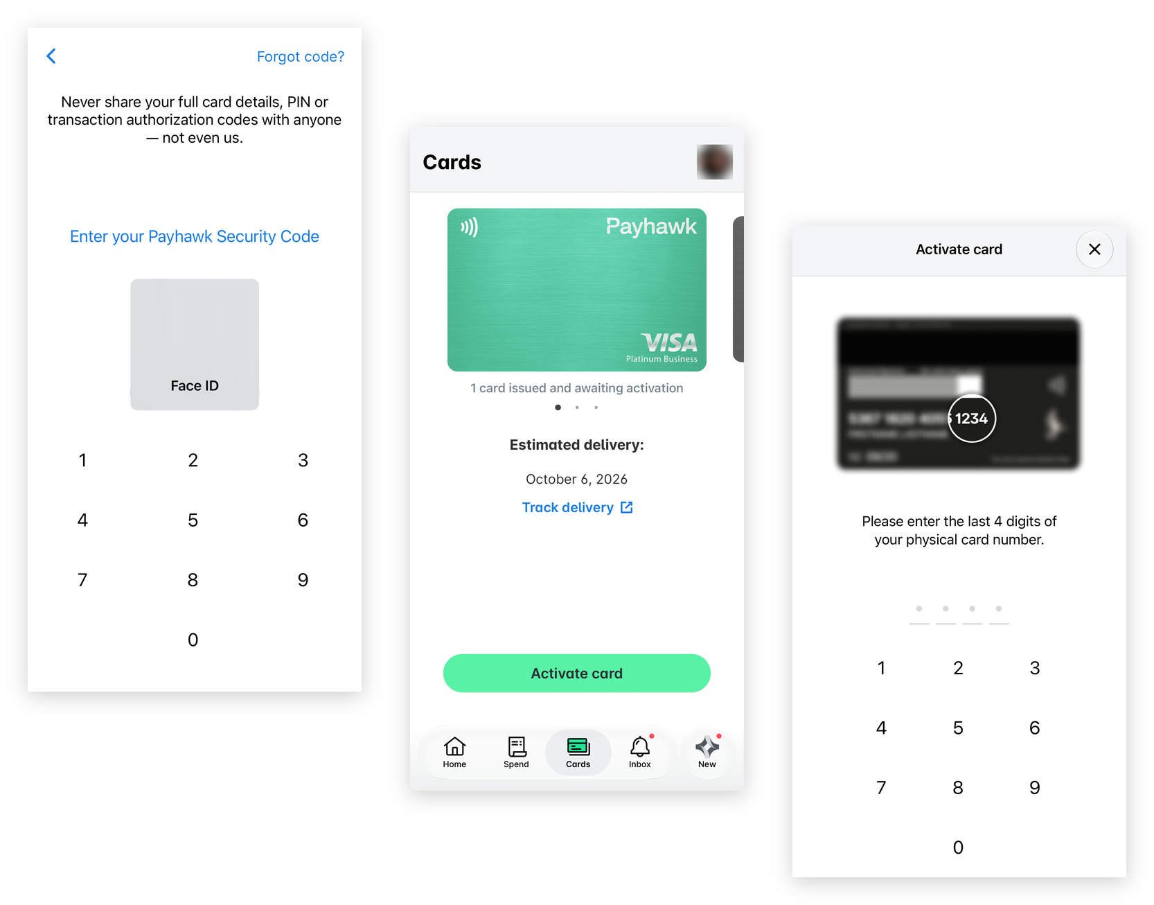 Payhawk Mobile App: the security code screen, the Cards screen with a physical card awaiting activation and the Activate card button, and the Activate card screen asking for the last 4 digits of the card number.