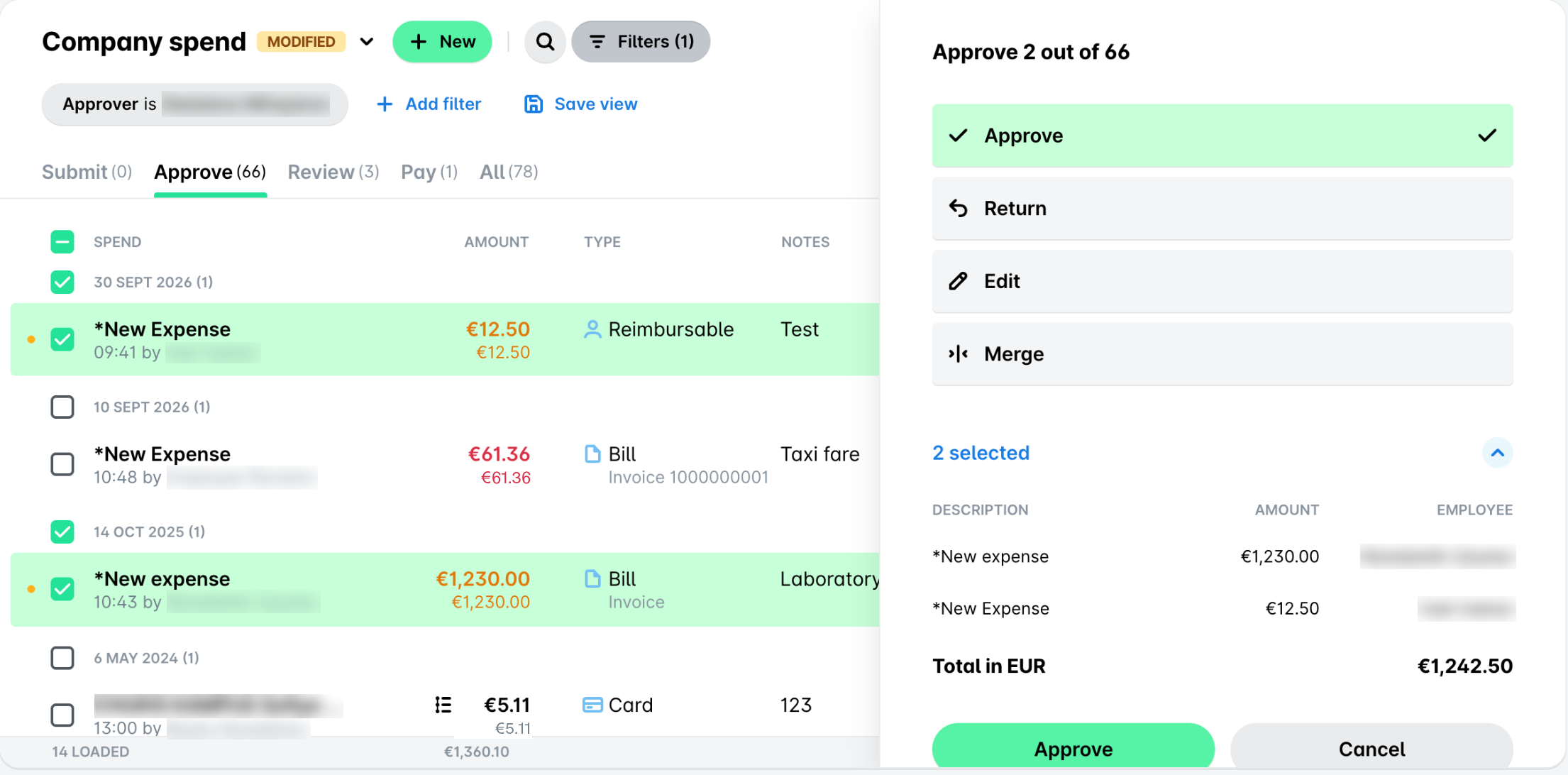 Two expenses selected in the Approve tab of Spend, with the flyout showing the selection summary and the Approve button