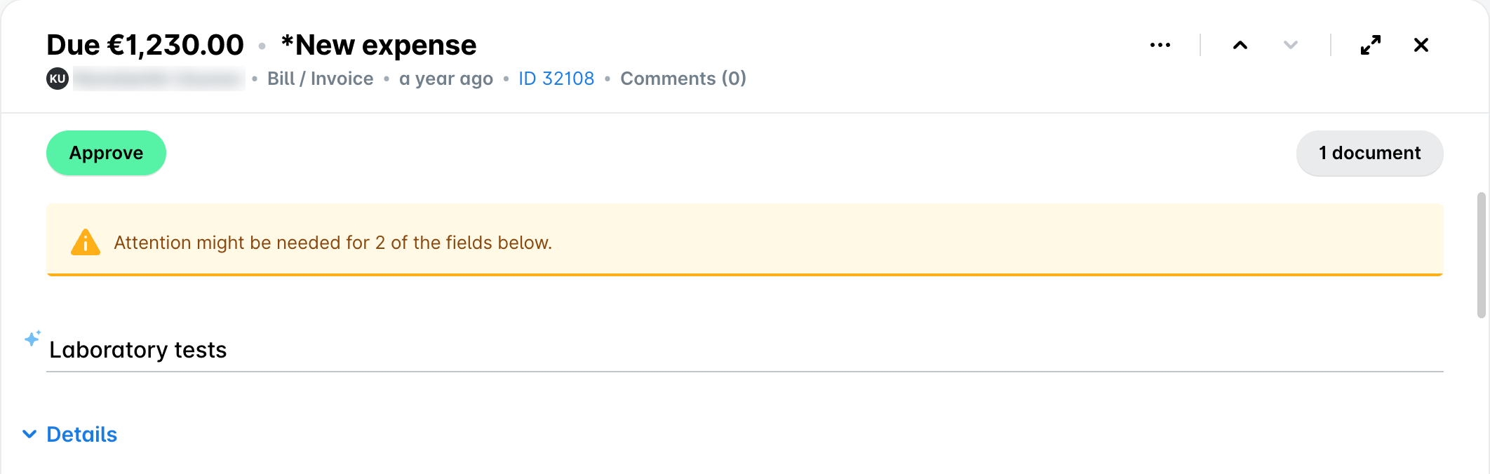 An expense opened from the Approve tab in Spend, with the Approve button at the top of its details