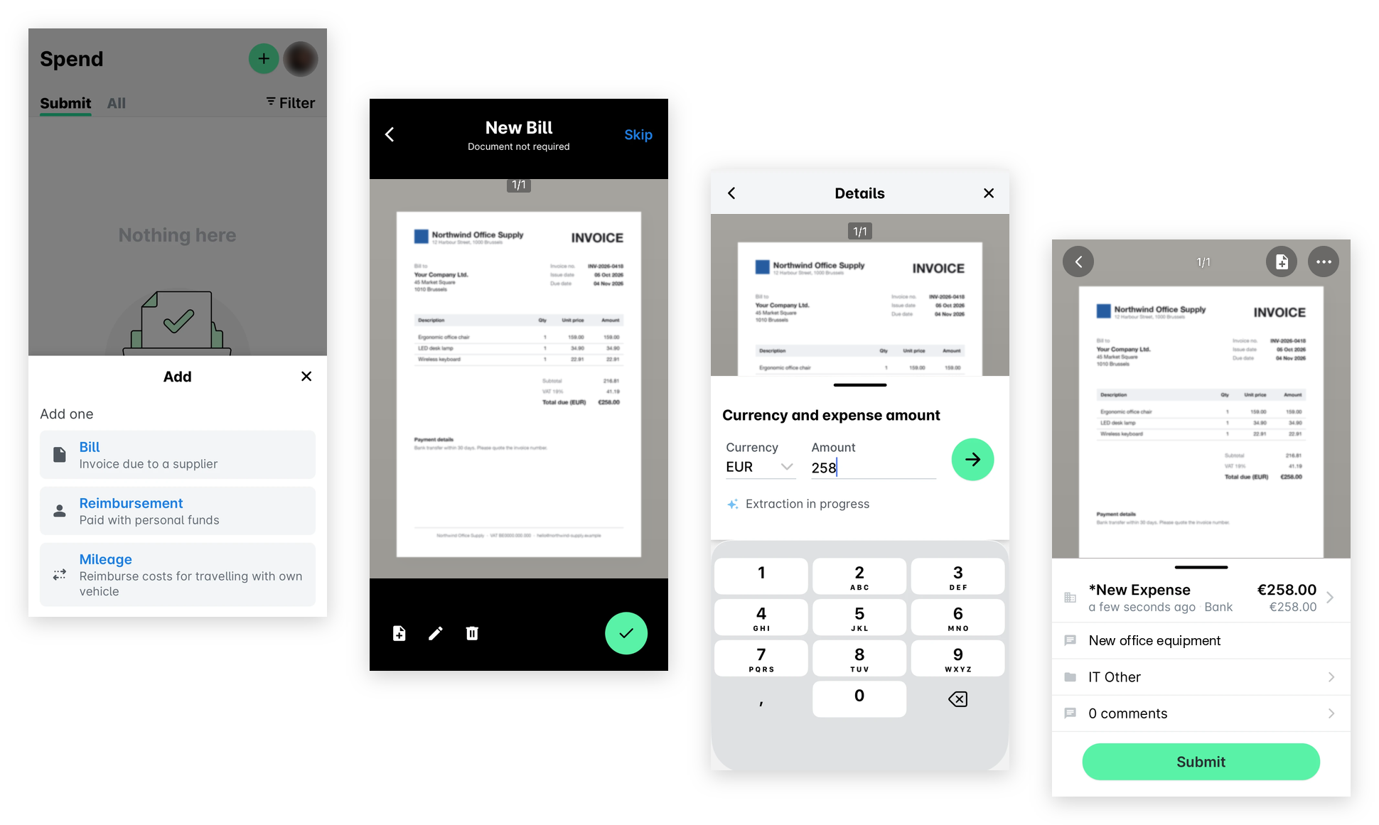 Payhawk Mobile App: the Add menu in Spend with Bill selected, the New Bill camera capturing an invoice, the currency and amount screen, and the bill ready to submit.
