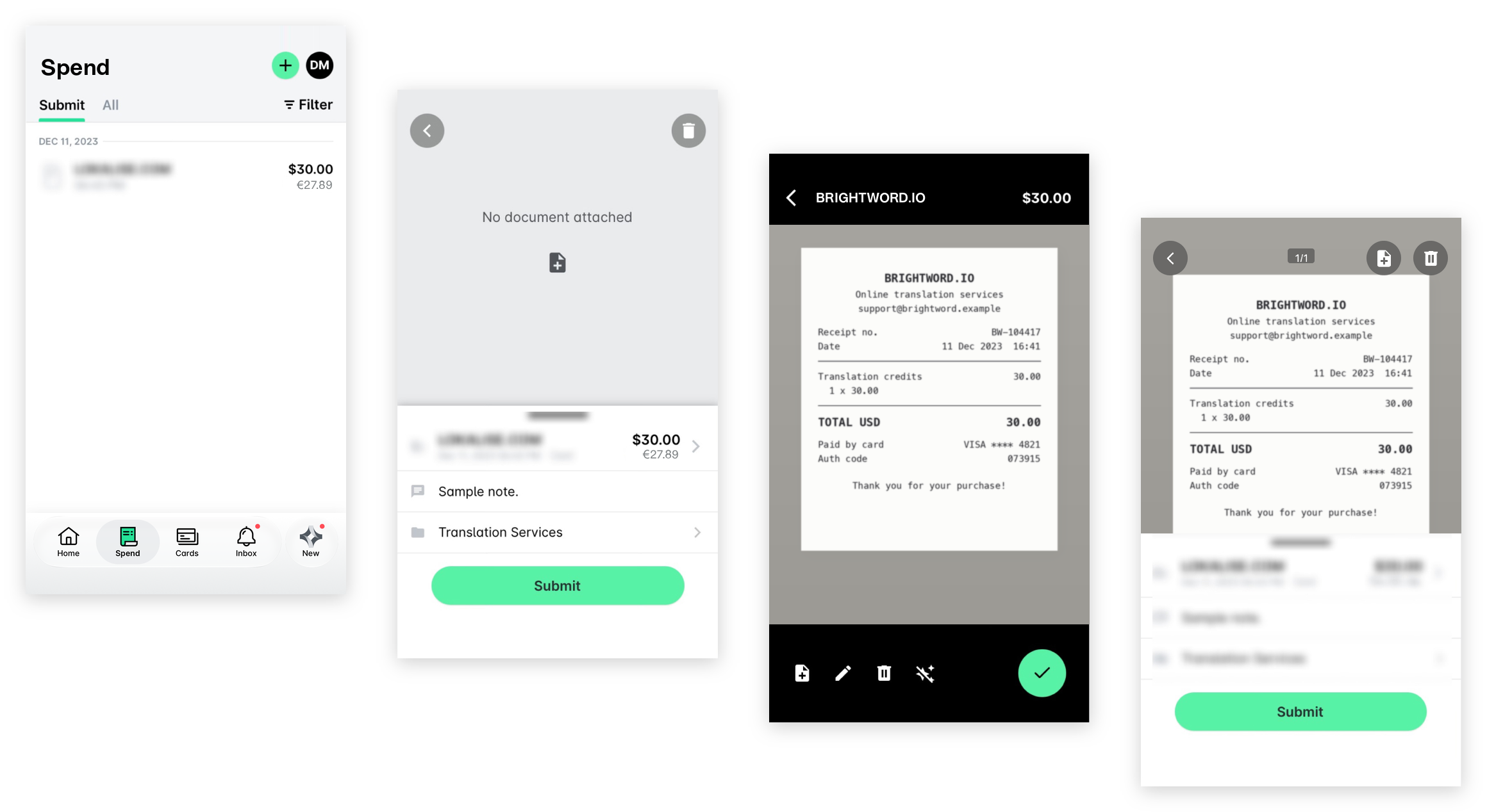 Payhawk Mobile App: a card expense in Spend, the expense with no document attached, the camera capturing the receipt, and the expense with its receipt attached and ready to submit.