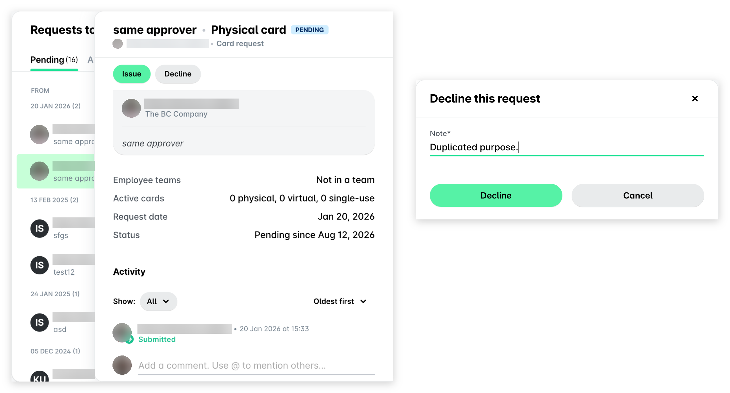 Payhawk Web Portal Inbox: a pending physical card request with the Issue and Decline buttons, and the Decline this request dialog with a note and the Decline button.