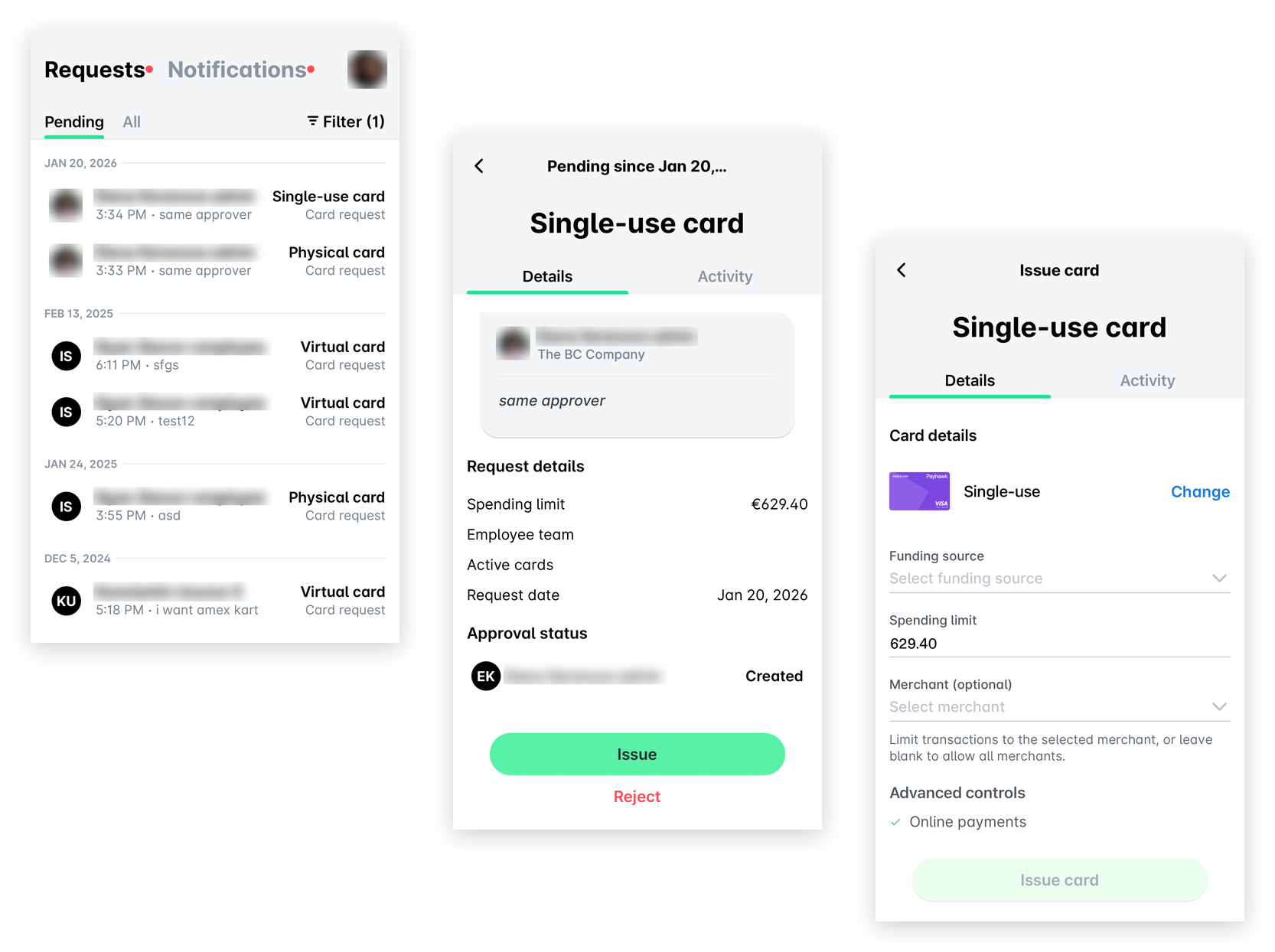 Payhawk Mobile App Inbox: pending card requests, a single-use card request with the Issue and Reject buttons, and the Issue card screen with the card details, funding source, spending limit and the Issue card button.
