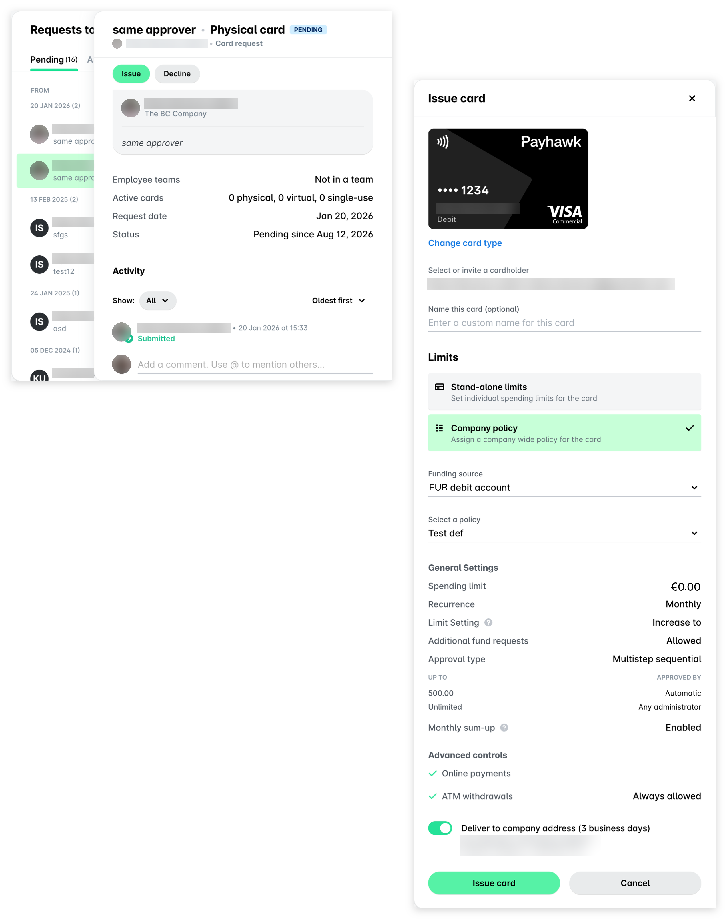 Payhawk Web Portal Inbox: a pending physical card request opened from Requests to me with the Issue and Decline buttons, and the Issue card panel with the card details, limits, settings and the Issue card button.
