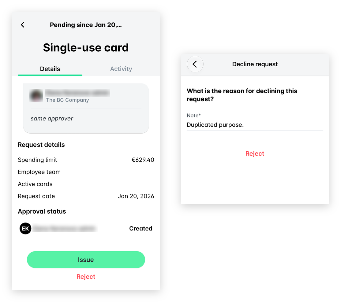 Payhawk Mobile App: a pending single-use card request with the Issue and Reject buttons, and the Decline request screen with a note and the Reject button.