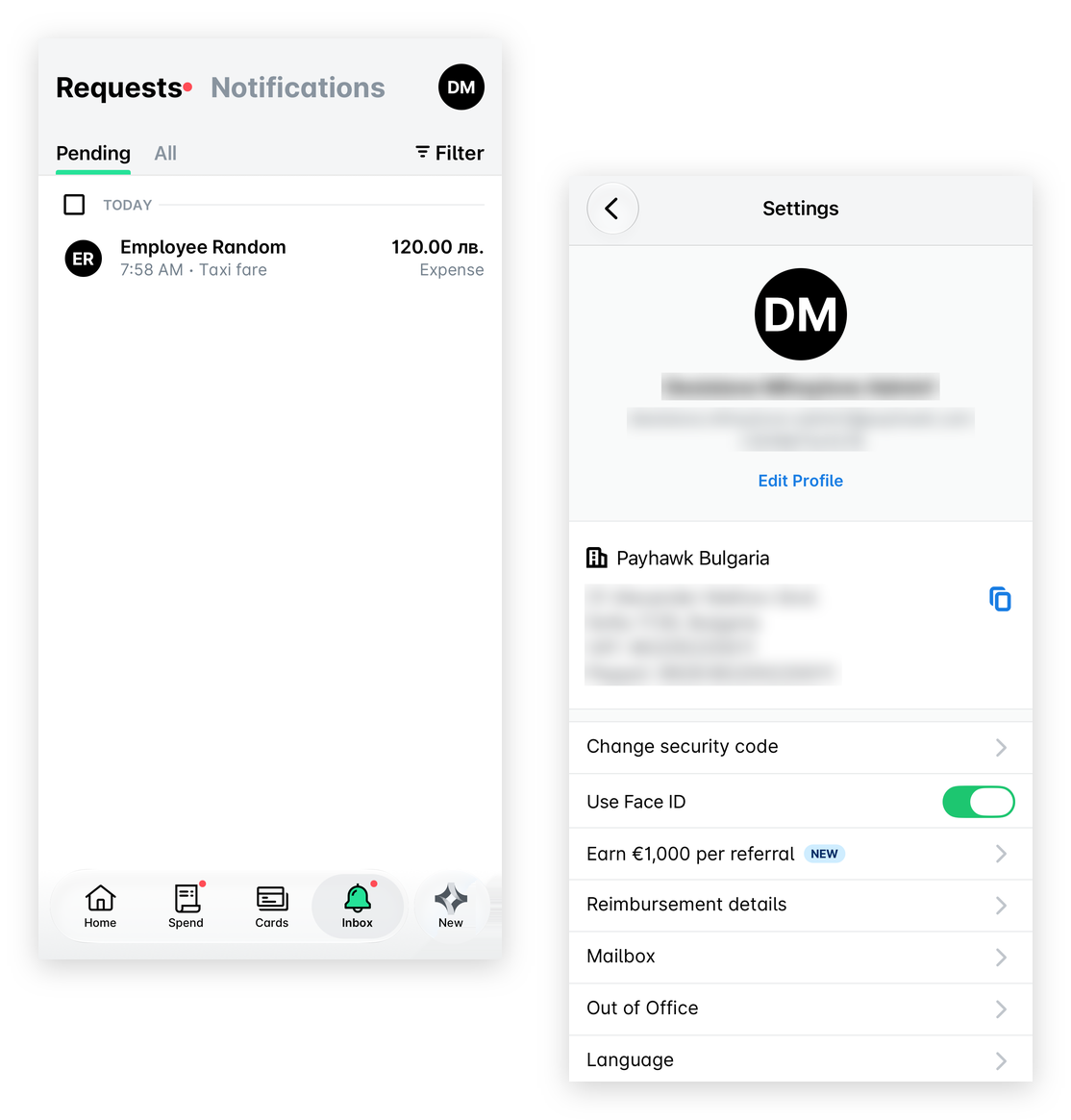Payhawk Mobile App: the profile picture in the top-right corner of the Inbox, and the Settings screen with the Change security code option.