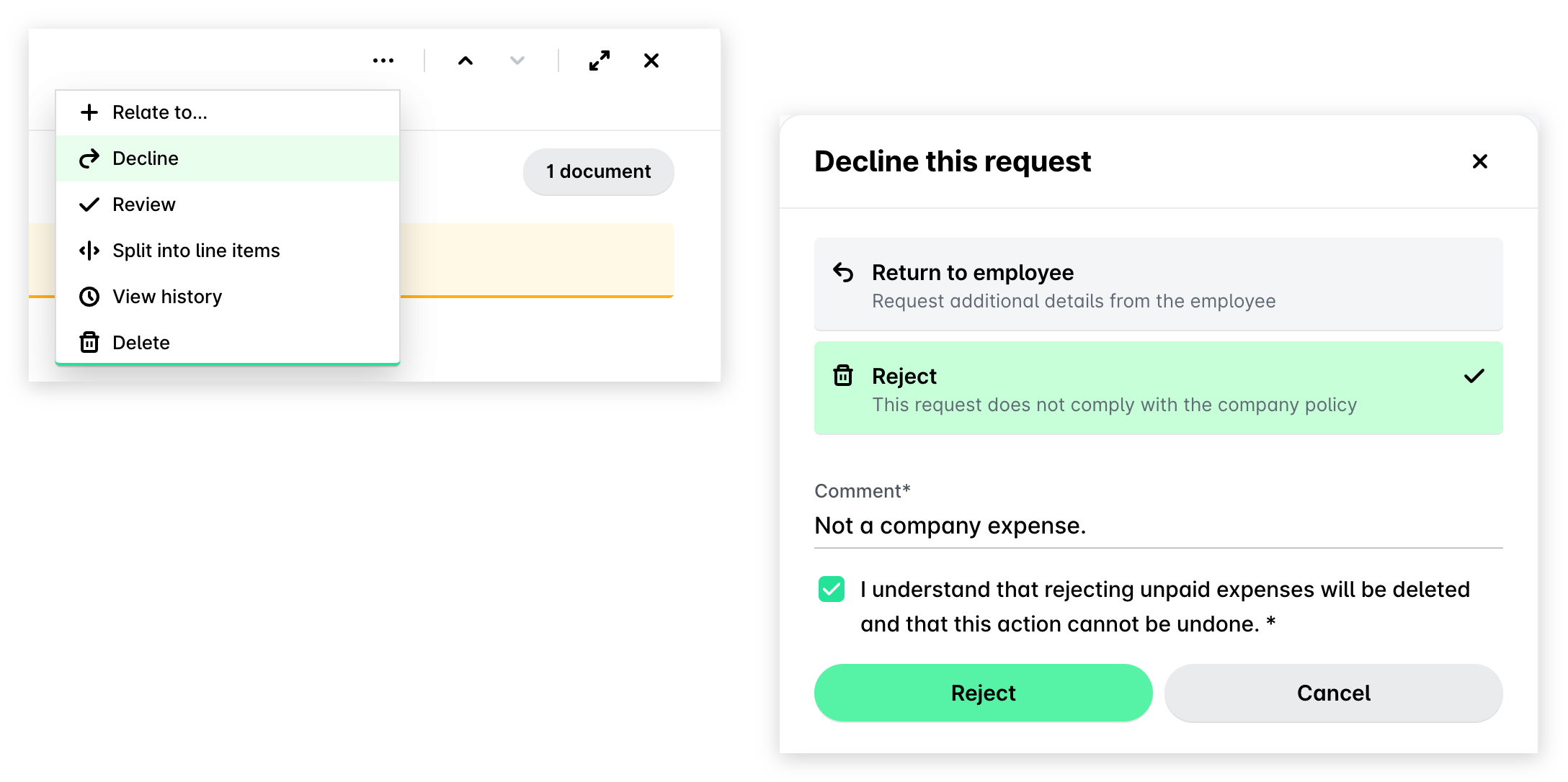 The expense three-dot menu with Decline highlighted, next to the Decline this request dialog with Reject selected, a comment entered and the confirmation checkbox ticked