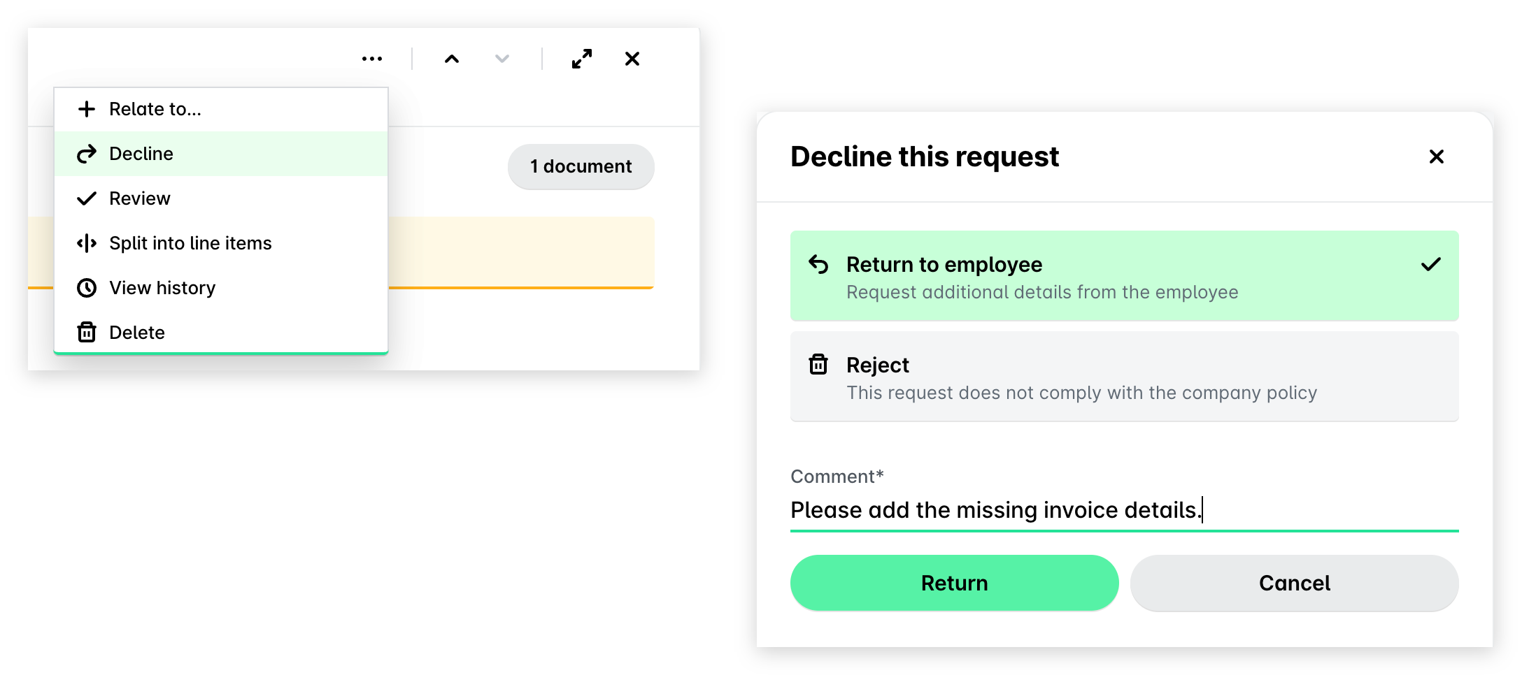 The expense three-dot menu with Decline highlighted, next to the Decline this request dialog with Return to employee selected and a comment entered