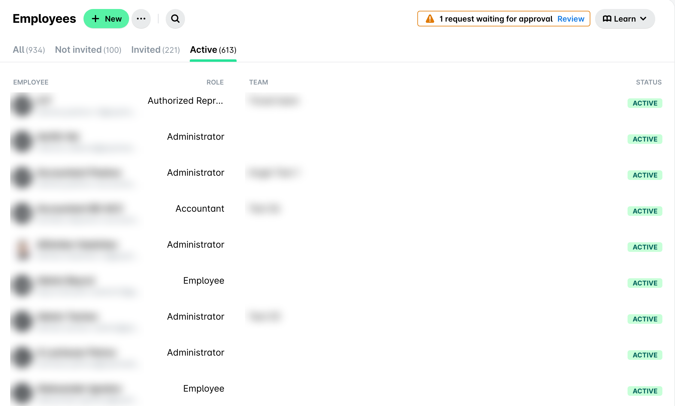 The Employees app on the Active tab, listing active employees with their roles and status.