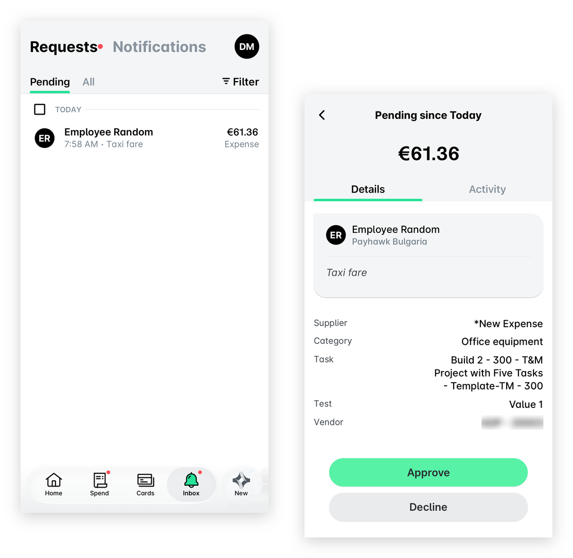 Payhawk Mobile App: Inbox, Requests, Pending with a pending expense request, and the request details with the Approve and Decline buttons.