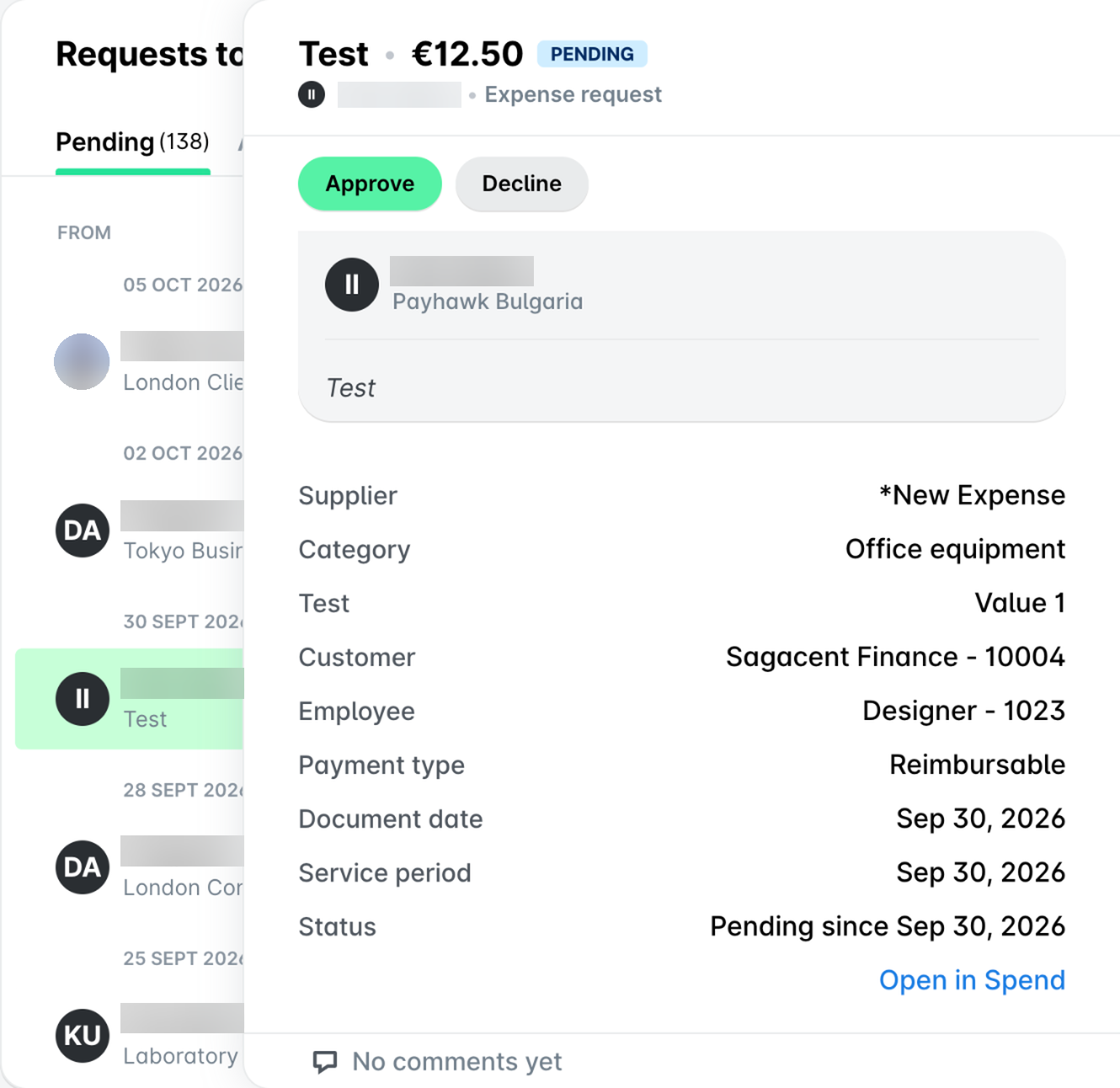 Payhawk Web Portal Inbox: Requests to me, Pending, with a pending expense request opened and the Approve and Decline buttons.