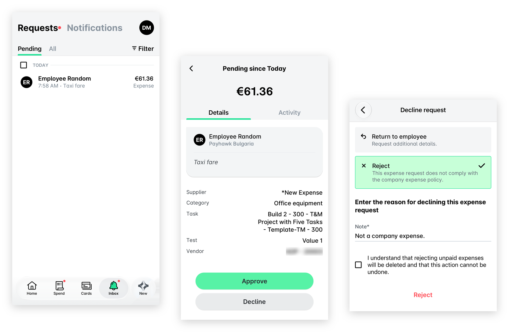 Payhawk Mobile App: a pending expense request in the Inbox, its details with the Decline button, and the Decline request screen with Reject selected, a note, the confirmation checkbox and the Reject button.