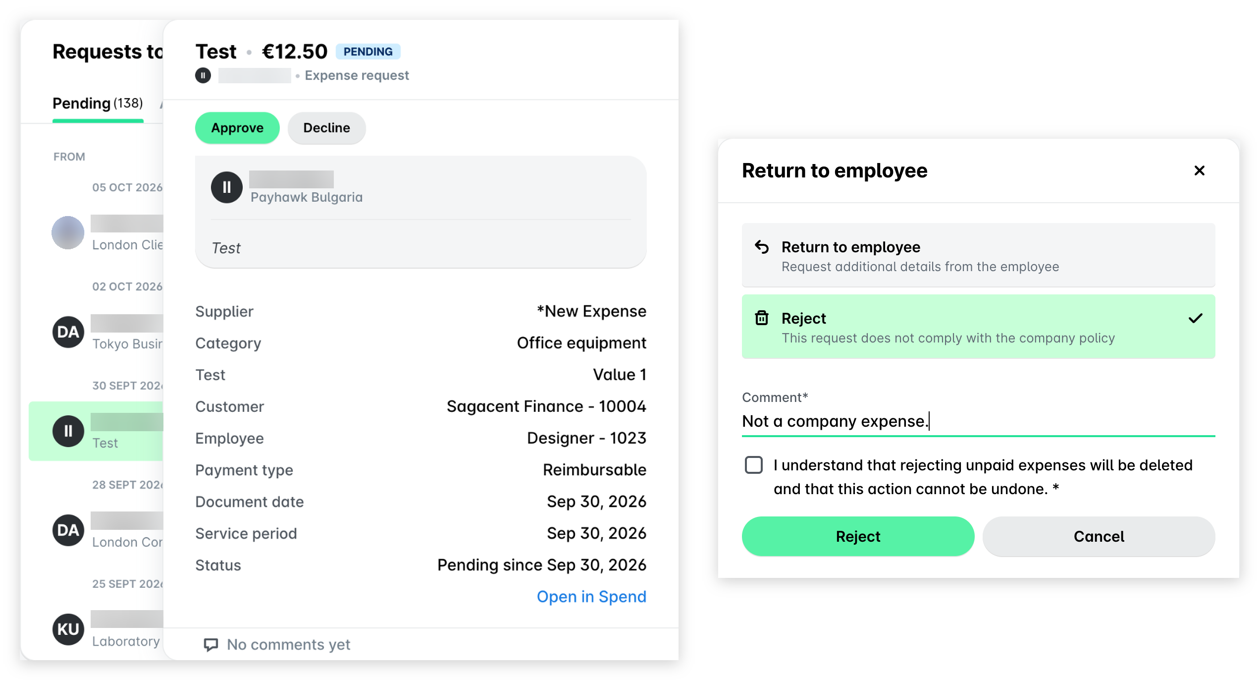 Payhawk Web Portal Inbox: a pending expense request with the Approve and Decline buttons, and the Return to employee panel with Reject selected, a comment, the confirmation checkbox and the Reject button.
